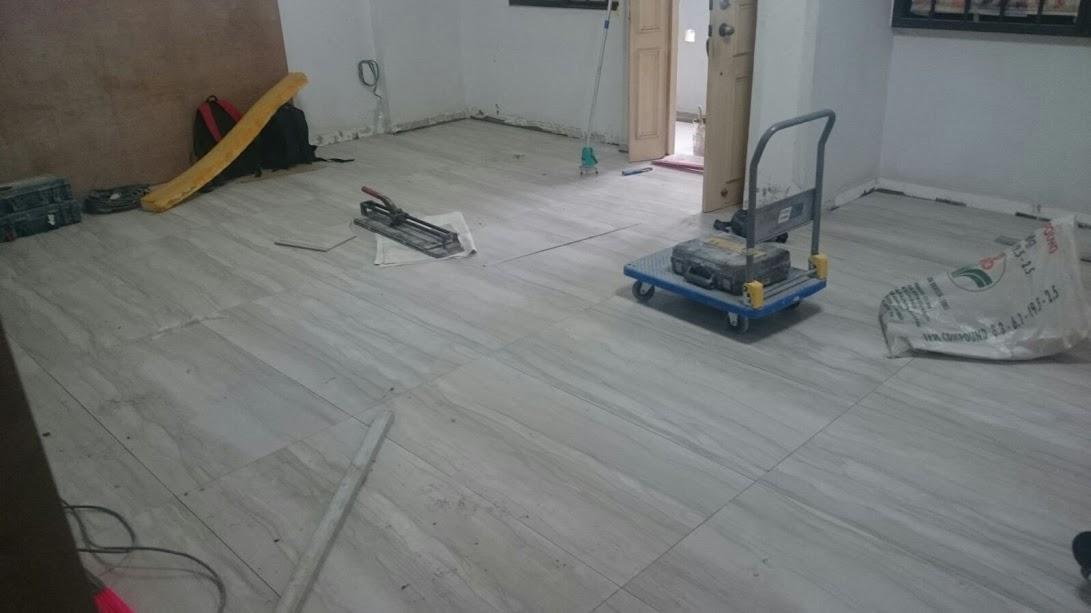 Asian Living Room with Vinyl Flooring and Homogeneous Tiles