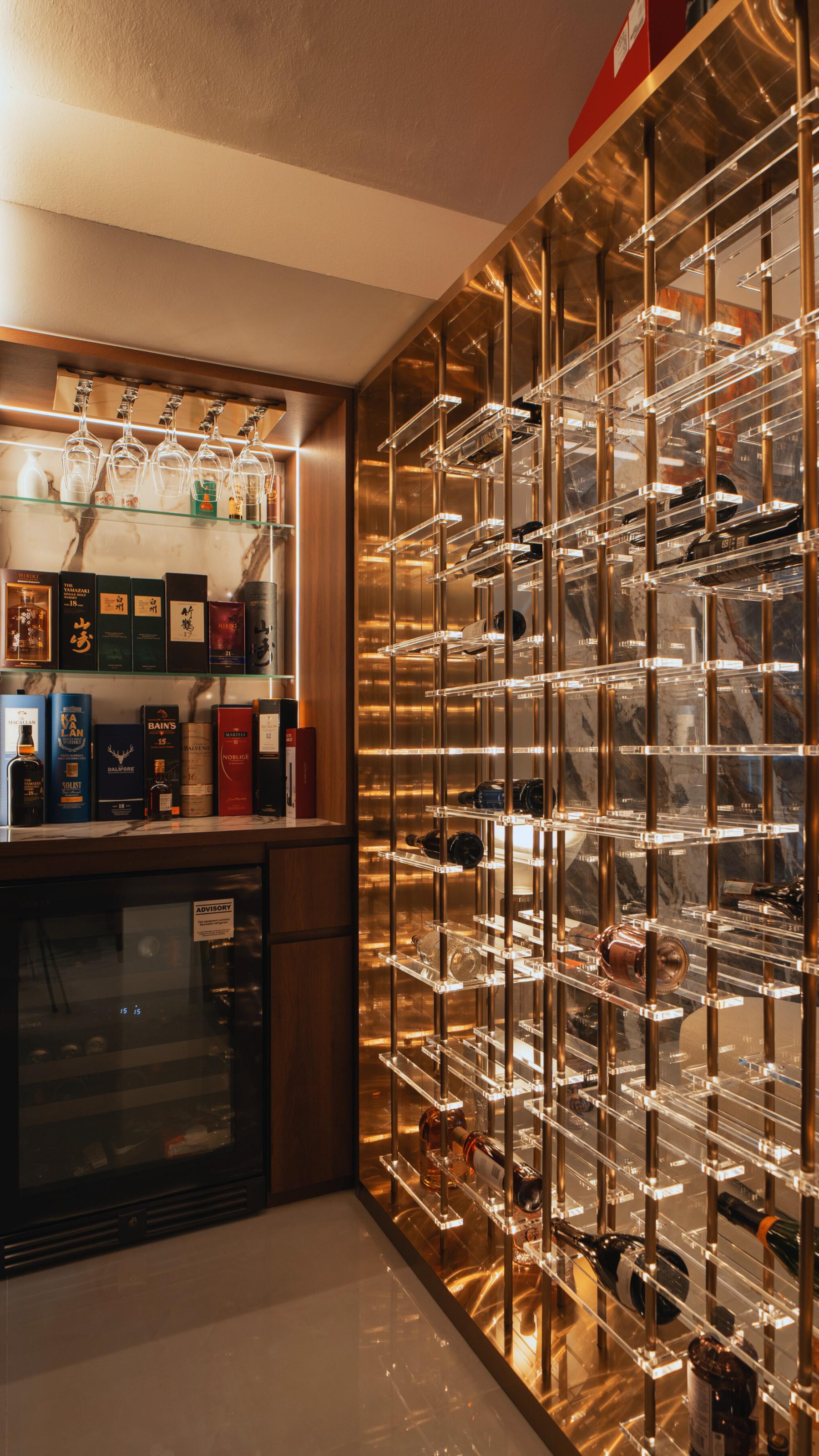 Modern Wine Cellar with Drinkware and Shelving Units