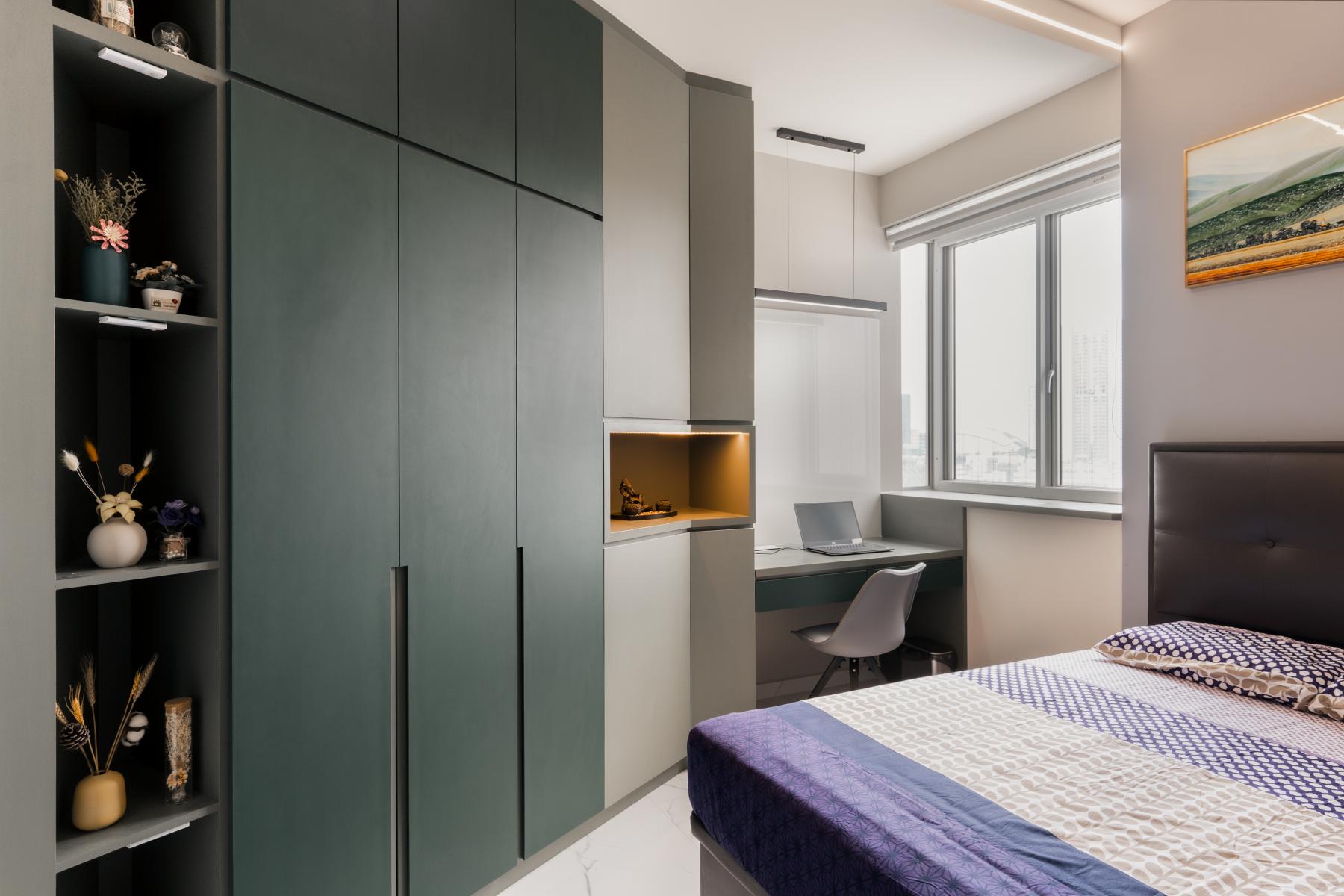 Eclectic Bedroom with Bookshelf and Cove Lighting