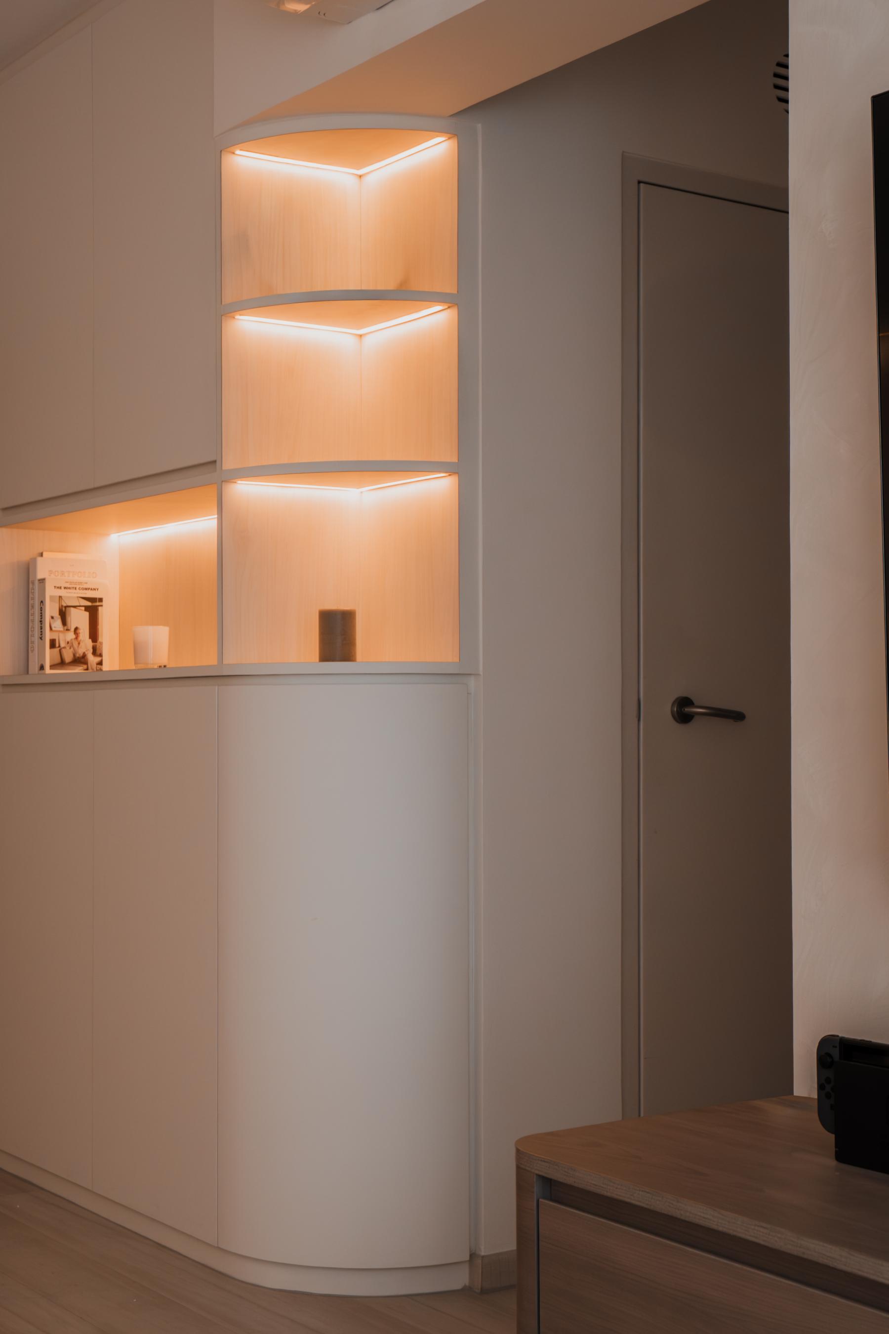 Contemporary Living Room with Display Cabinets and Lighting