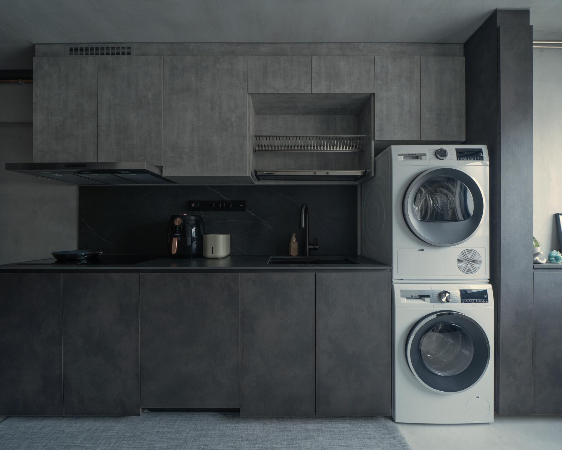 Industrial Kitchen with Kitchen Window and Open Kitchen