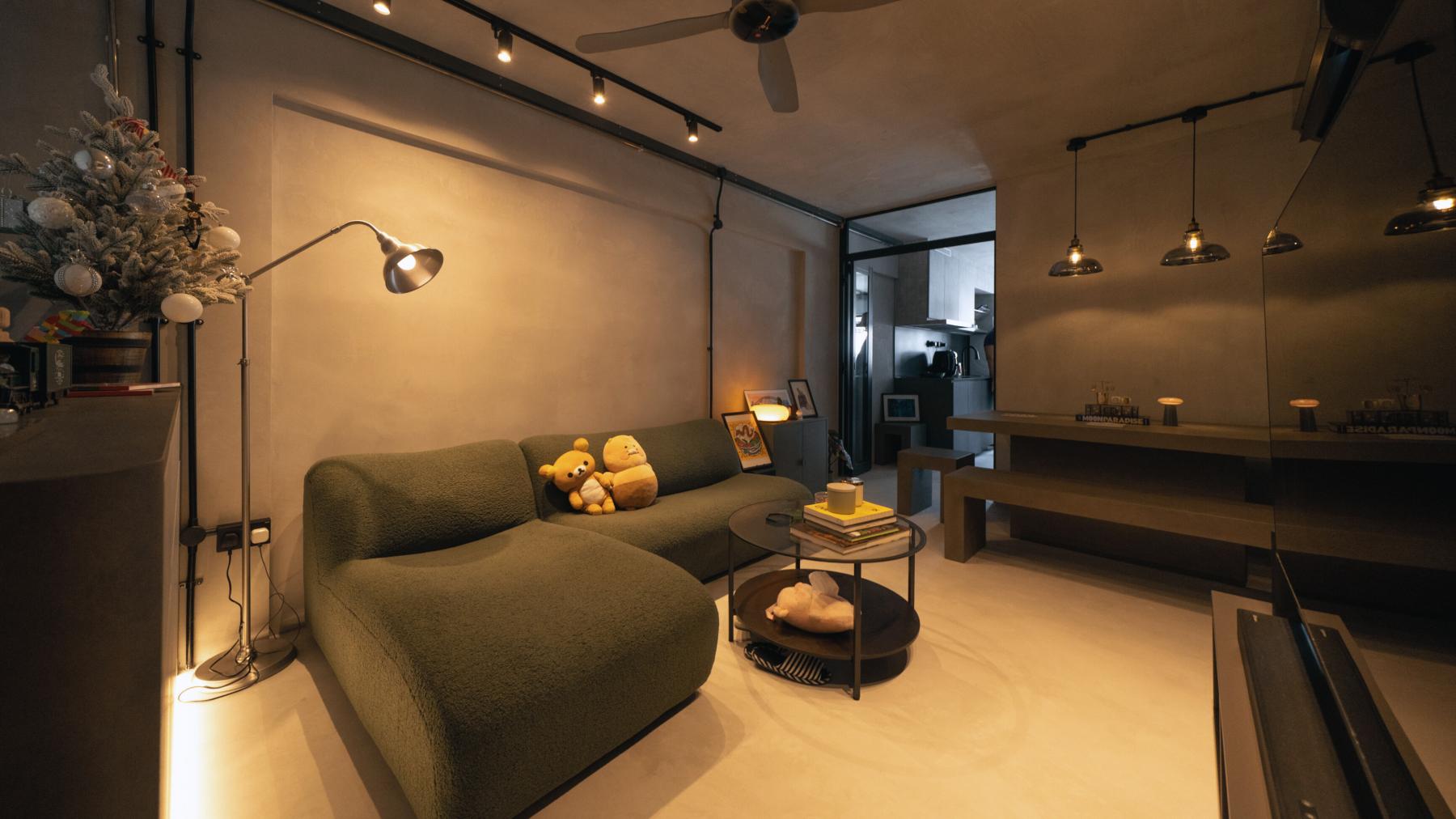 Industrial Living Room with TV Console and Feature Wall