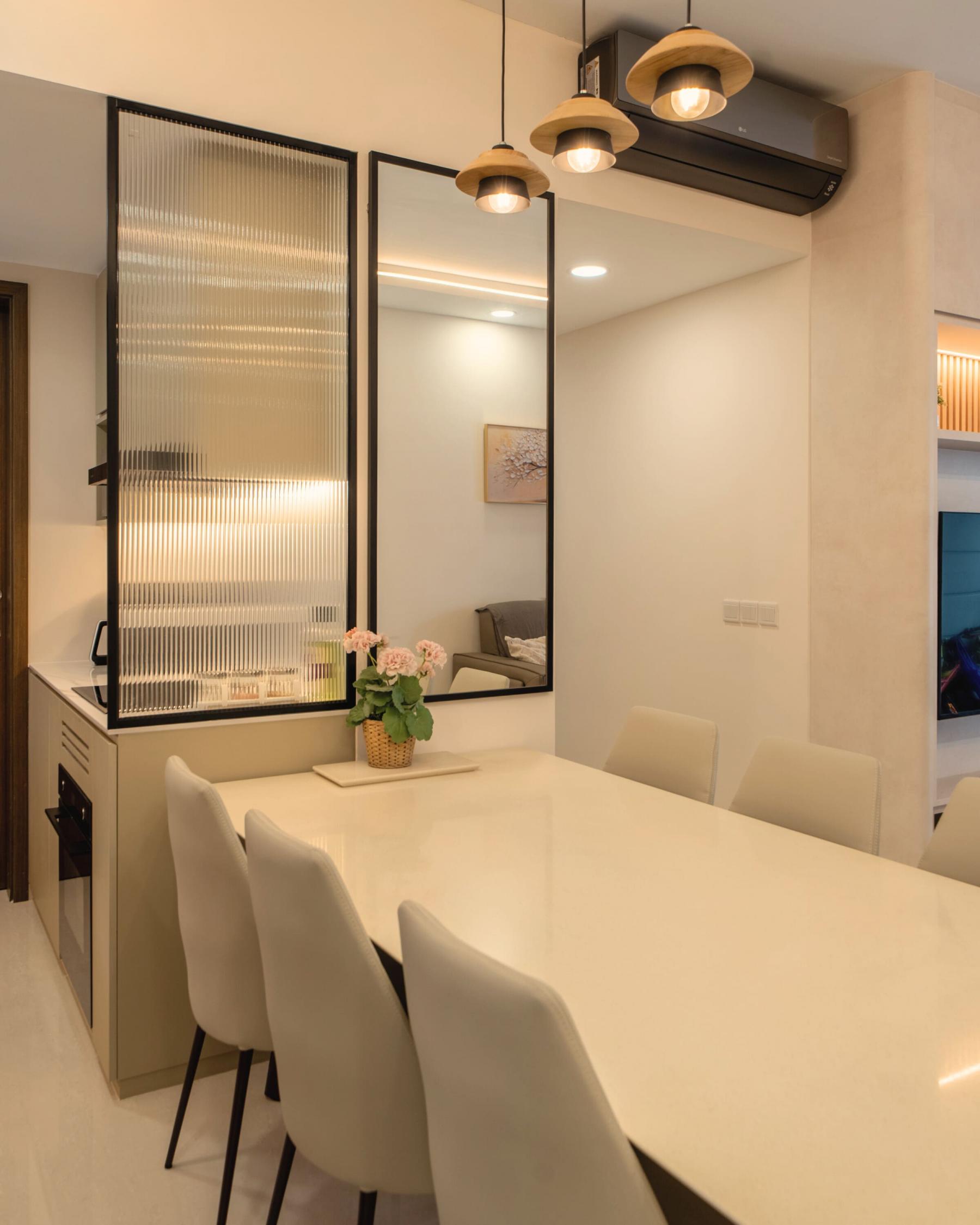Contemporary Dining Room with Drop Ceiling and Chandelier