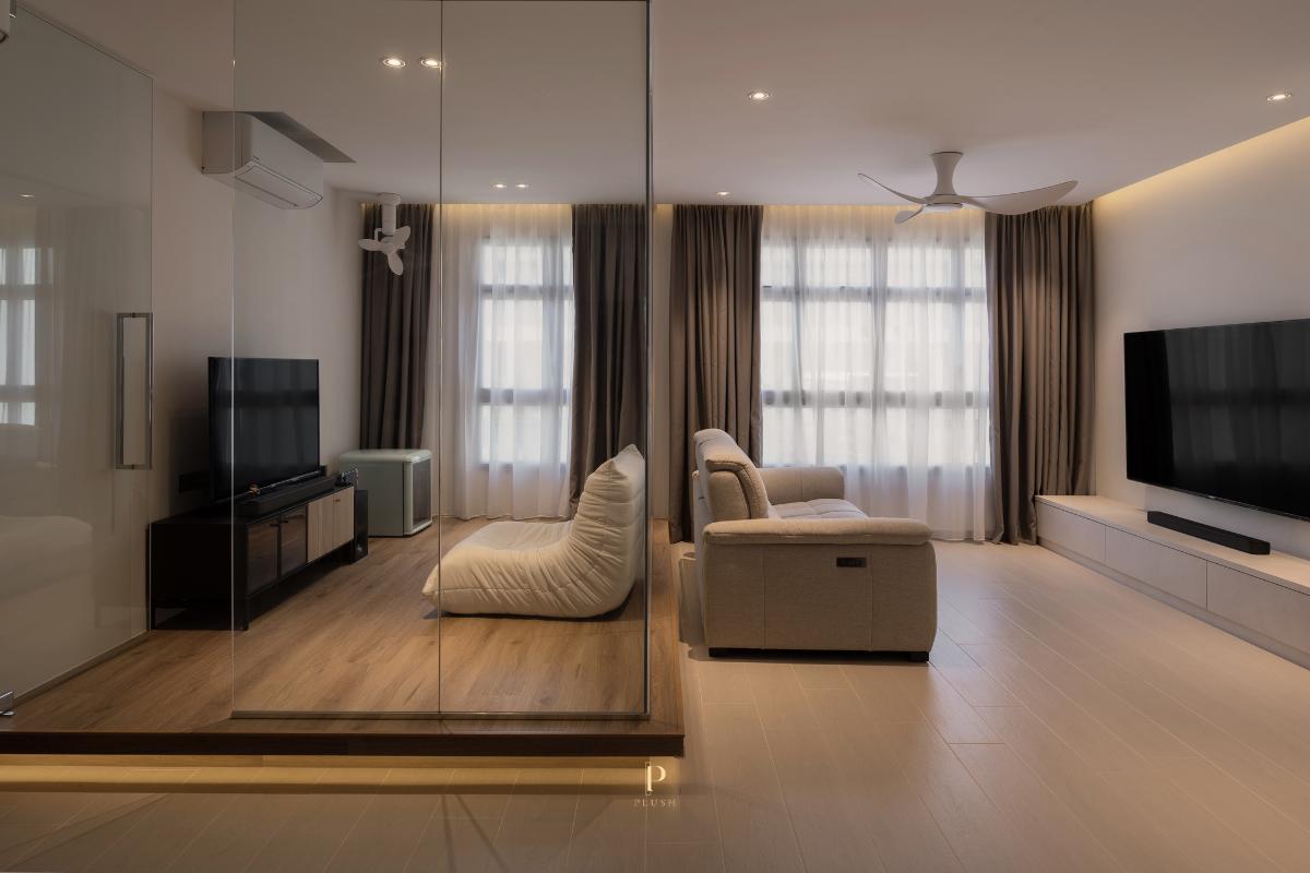 Contemporary Living Room with TV Console and Cove Lighting