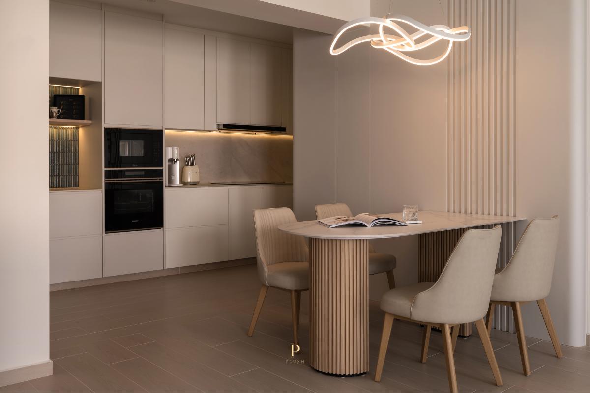 Contemporary Dining Room with Chandelier and Dining Table