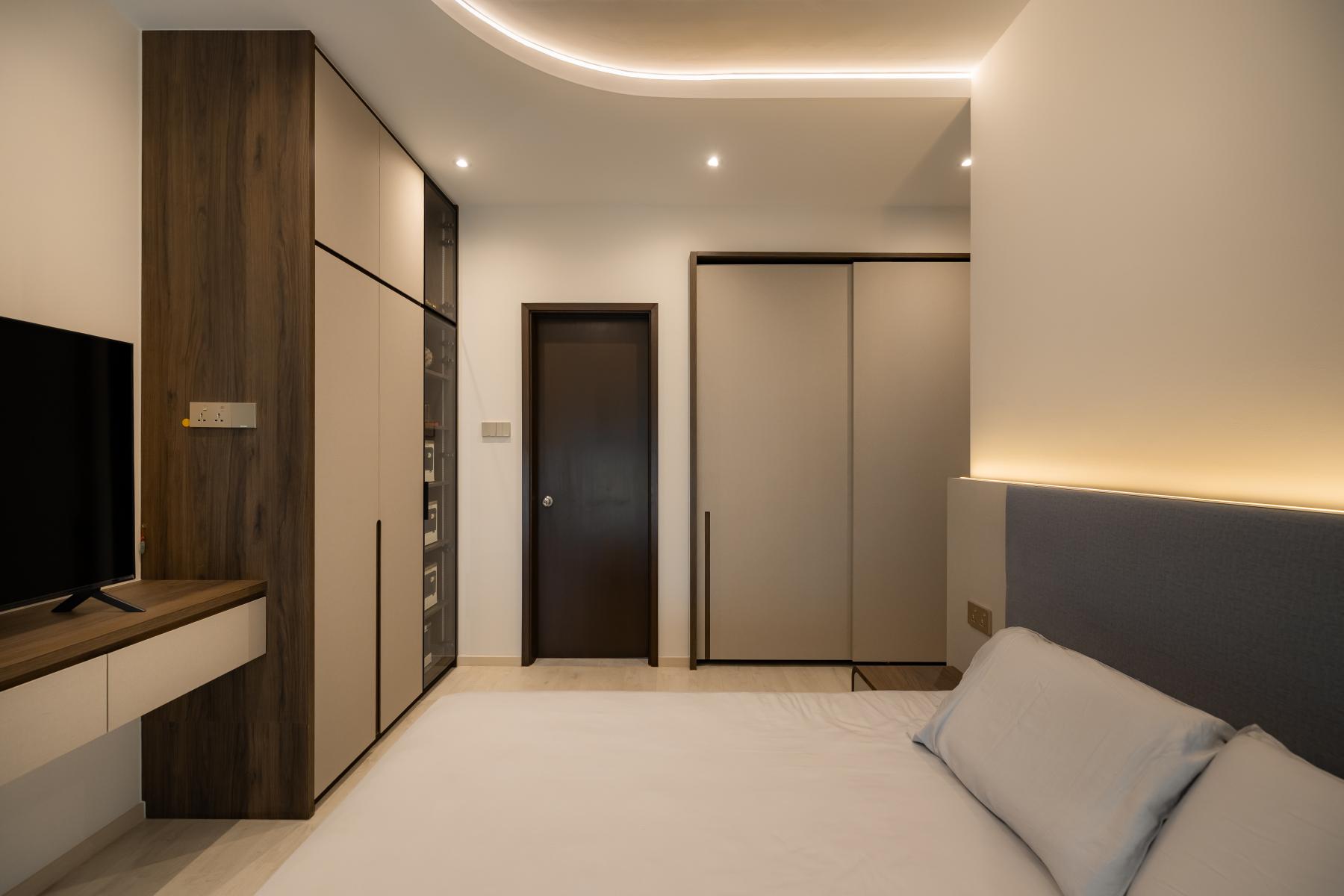 Modern Bedroom with Storage Cabinets and Lighting
