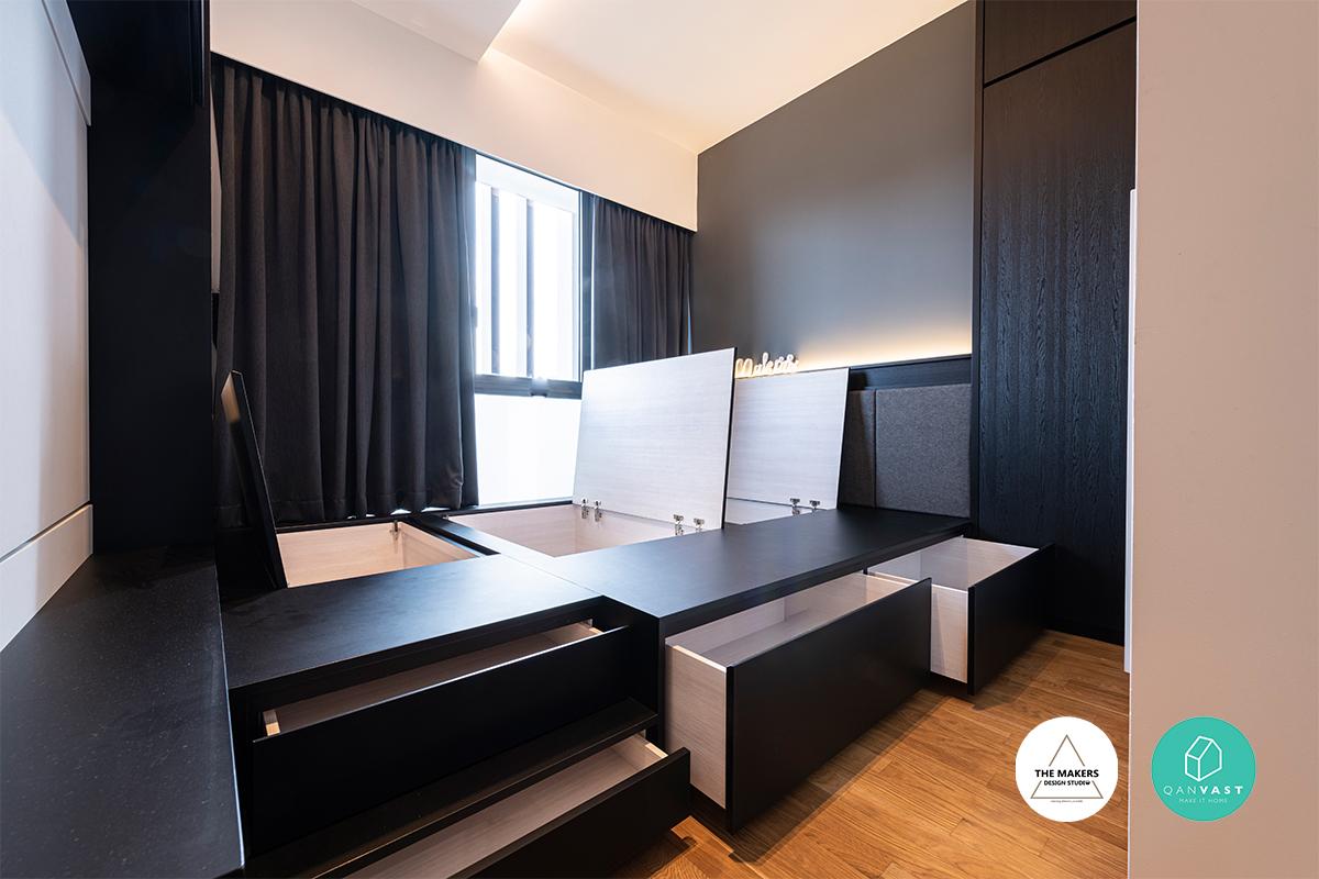 Contemporary Bedroom with Platform Bed and Curtain