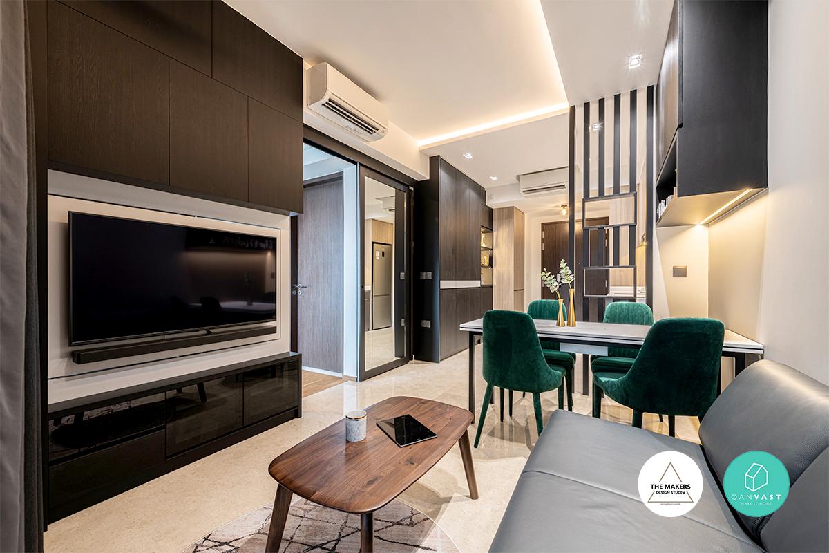 Contemporary Living Room with Dining Table and TV