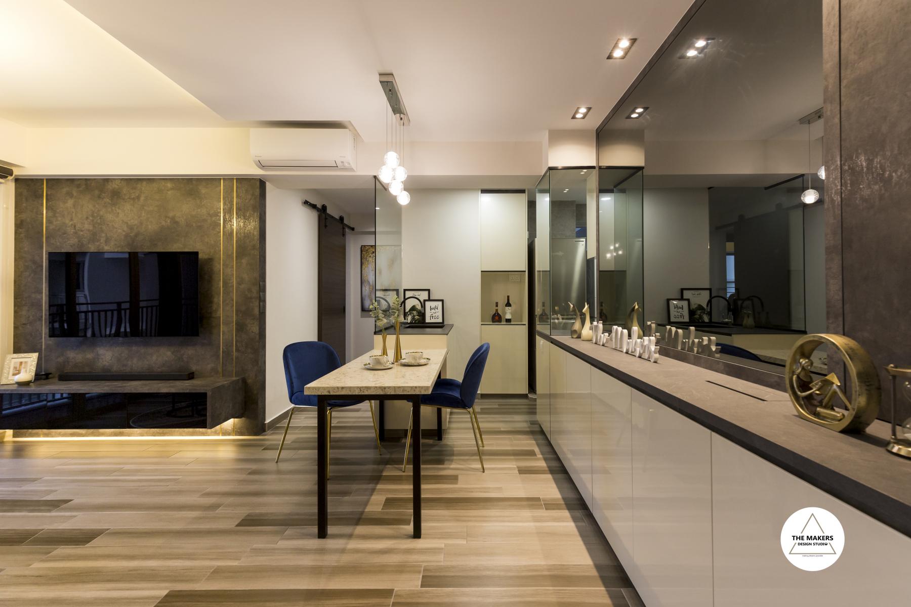 Contemporary Dining Room with Drop Light and Storage Cabinets