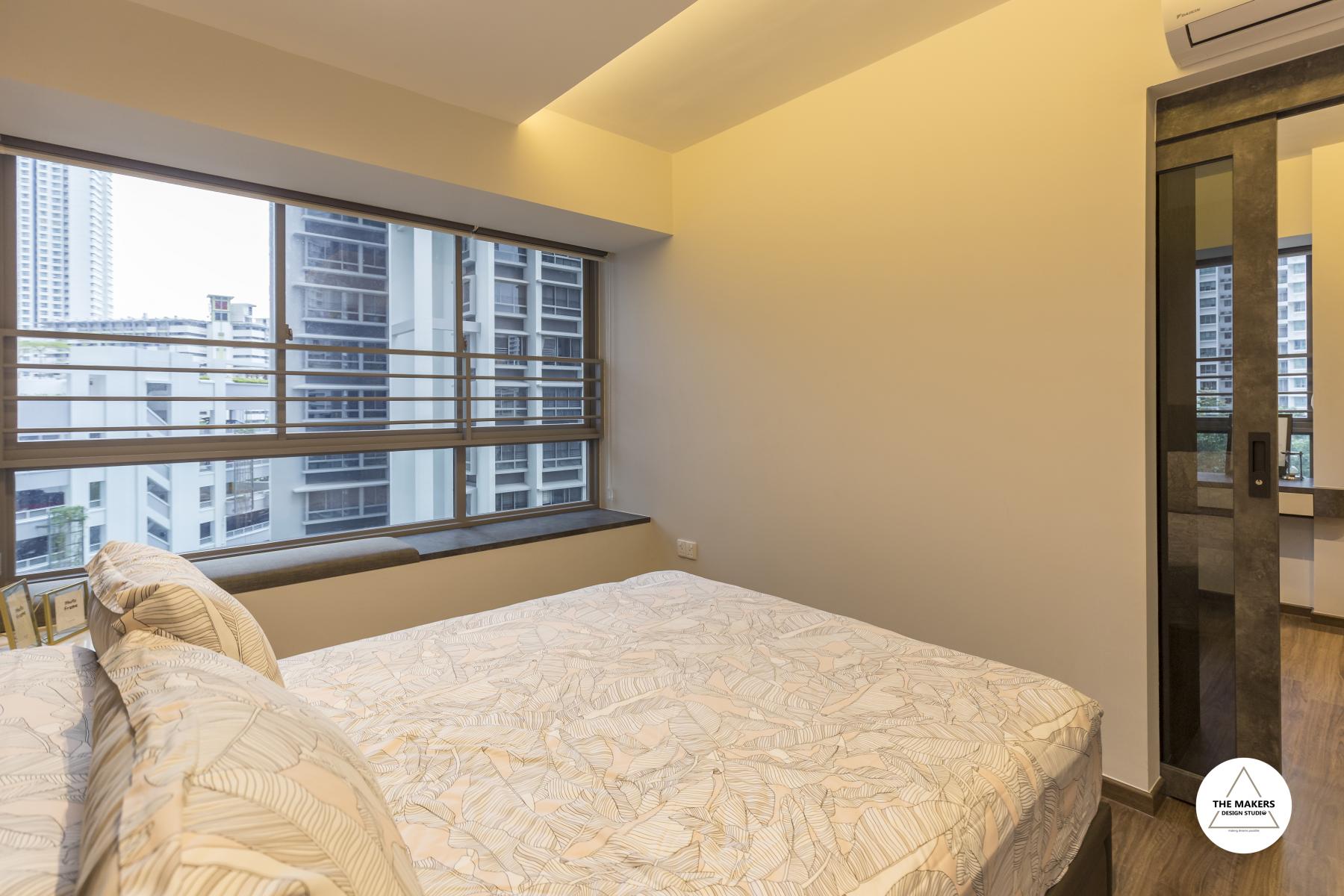 Contemporary Bedroom with Bay Window and Bed