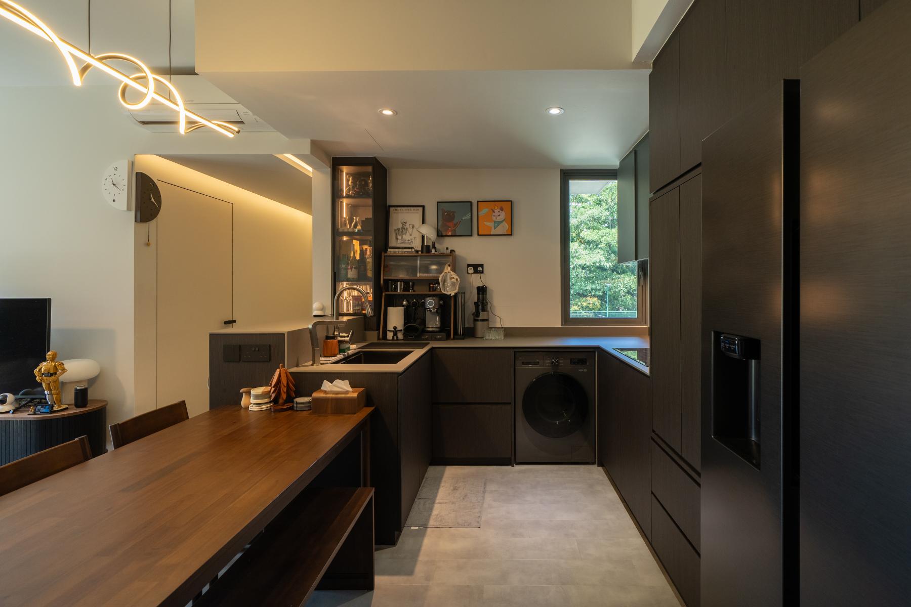 Industrial Kitchen with Kitchen Island and Cupboard
