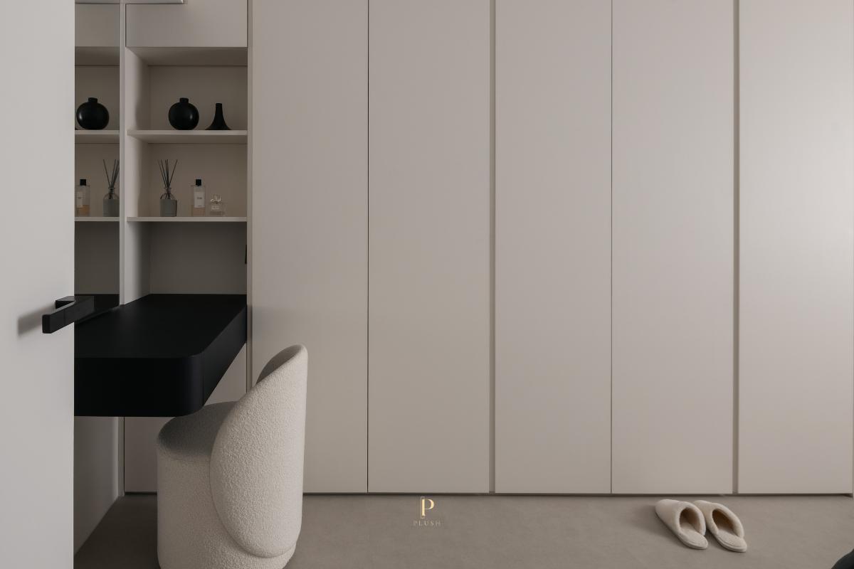 Minimalist Bedroom with Bookshelf and Wardrobe