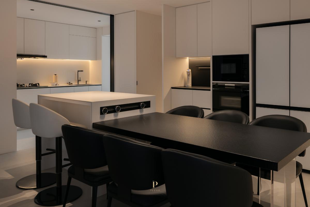 Minimalist Dining Room with Downlights and Dining Table