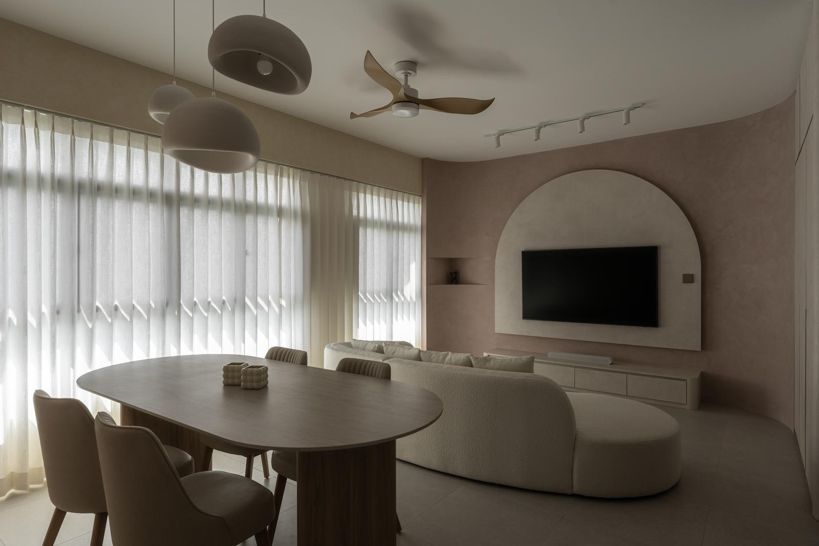 Contemporary Living Room with Homogeneous Tiles and TV Console