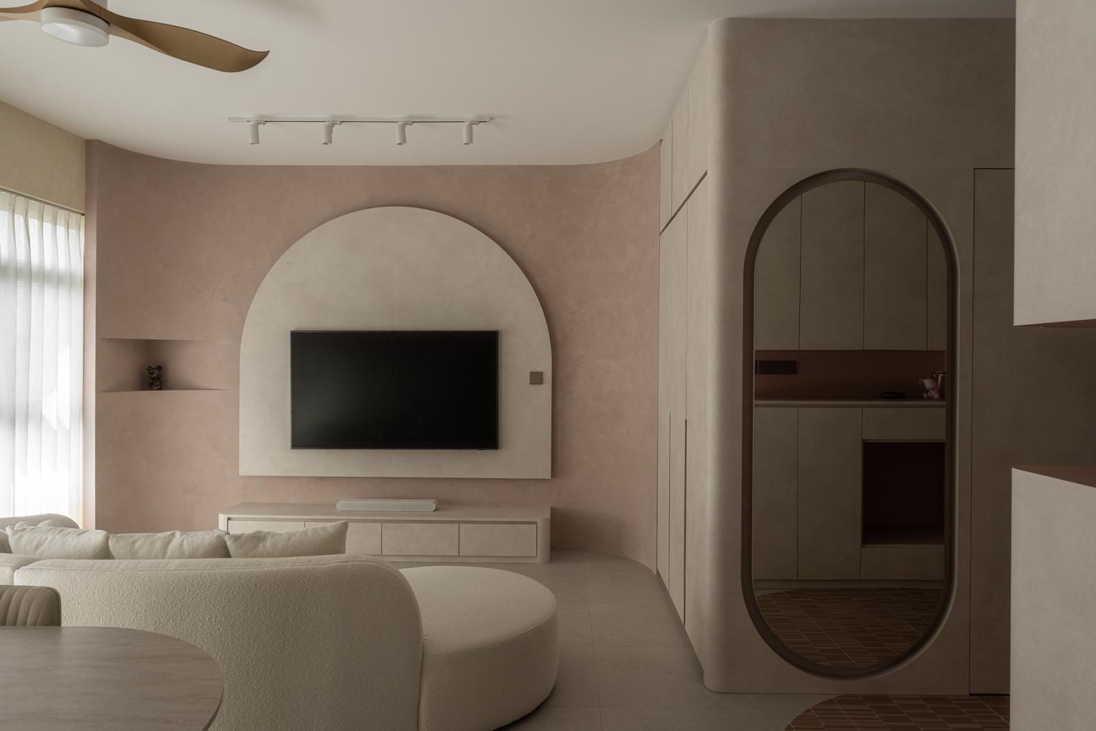 Contemporary Living Room with Homogeneous Tiles and TV Console