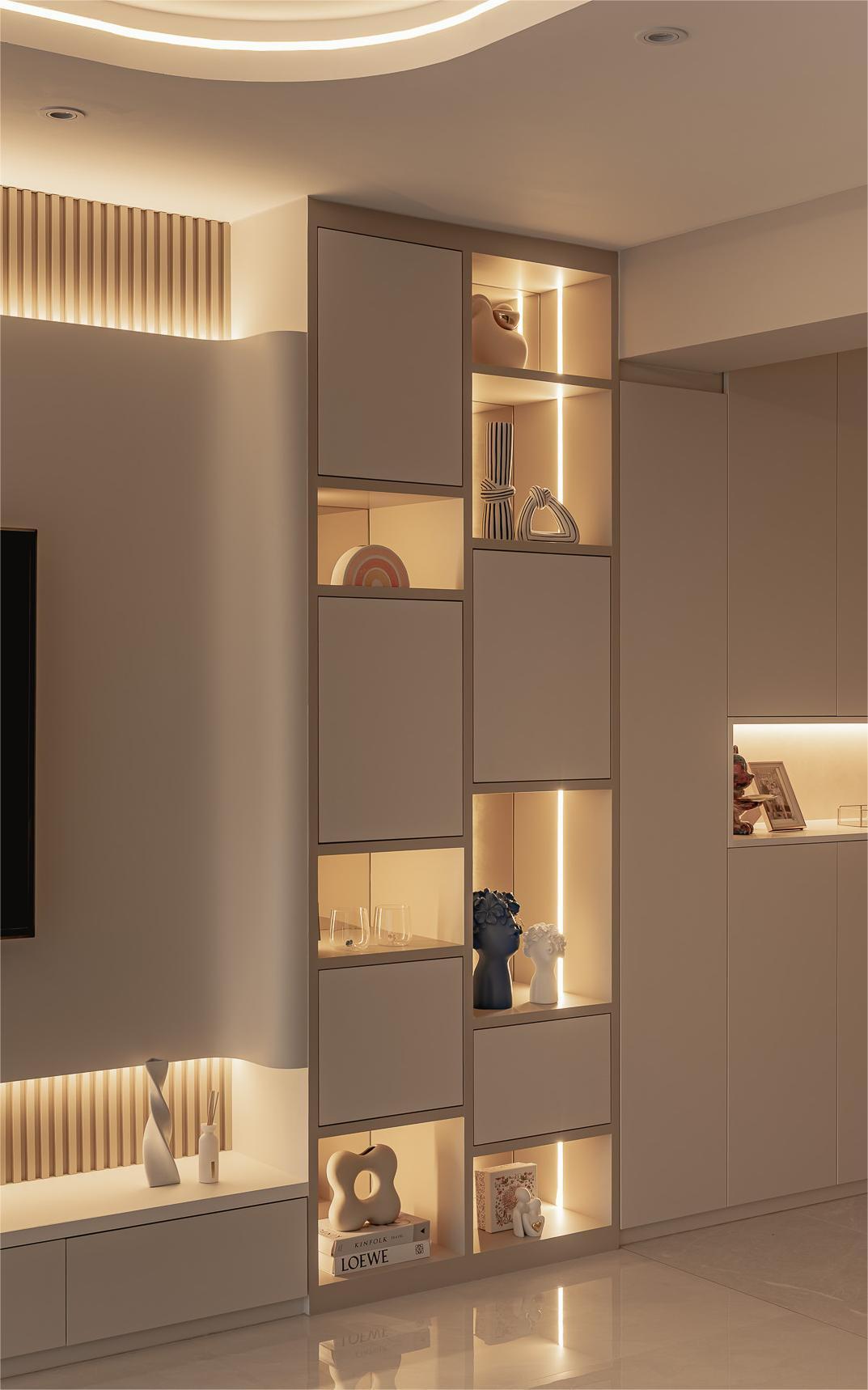 Modern Living Room with Display Cabinets and Lighting