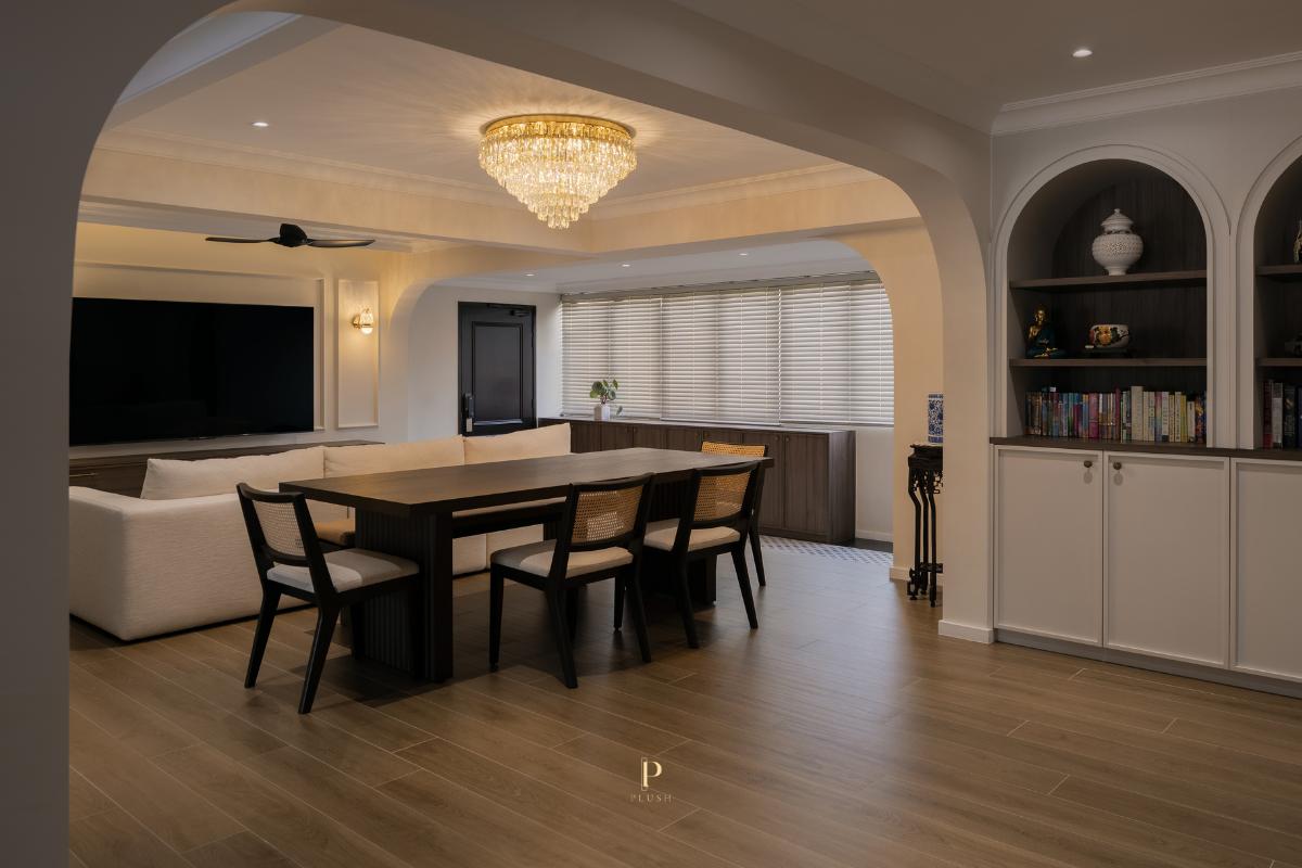 Modern Dining Room with Cove Lighting and Chandelier