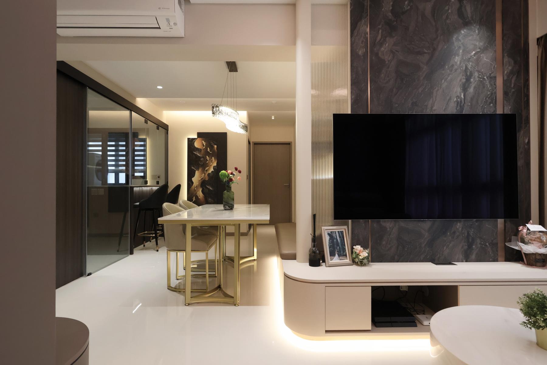 Modern Living Room with Homogeneous Tiles and TV Console