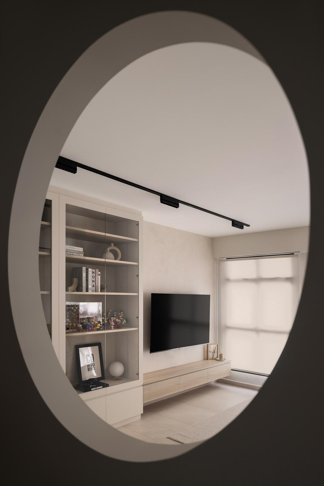 Minimalist Living Room with Homogeneous Tiles and TV Console