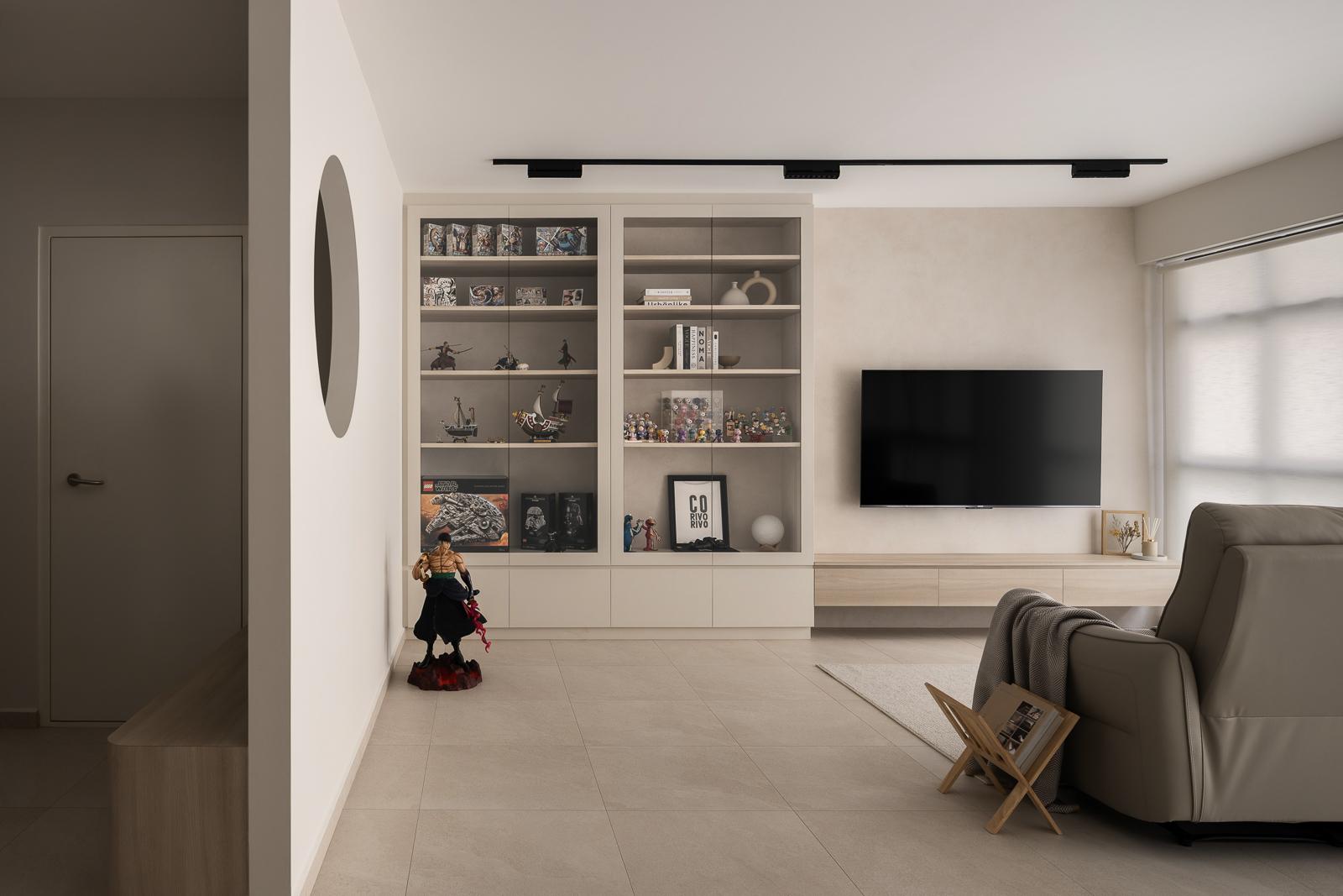Minimalist Living Room with Homogeneous Tiles and TV Console