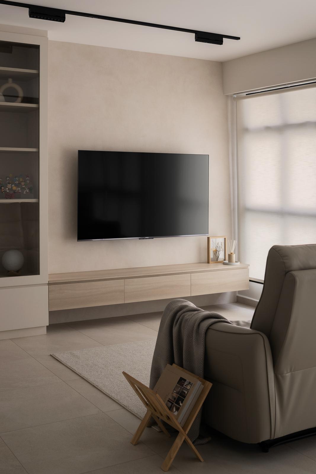Minimalist Living Room with Homogeneous Tiles and TV Console