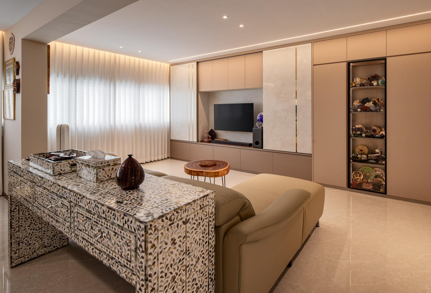 Modern Living Room with Homogeneous Tiles and TV Console