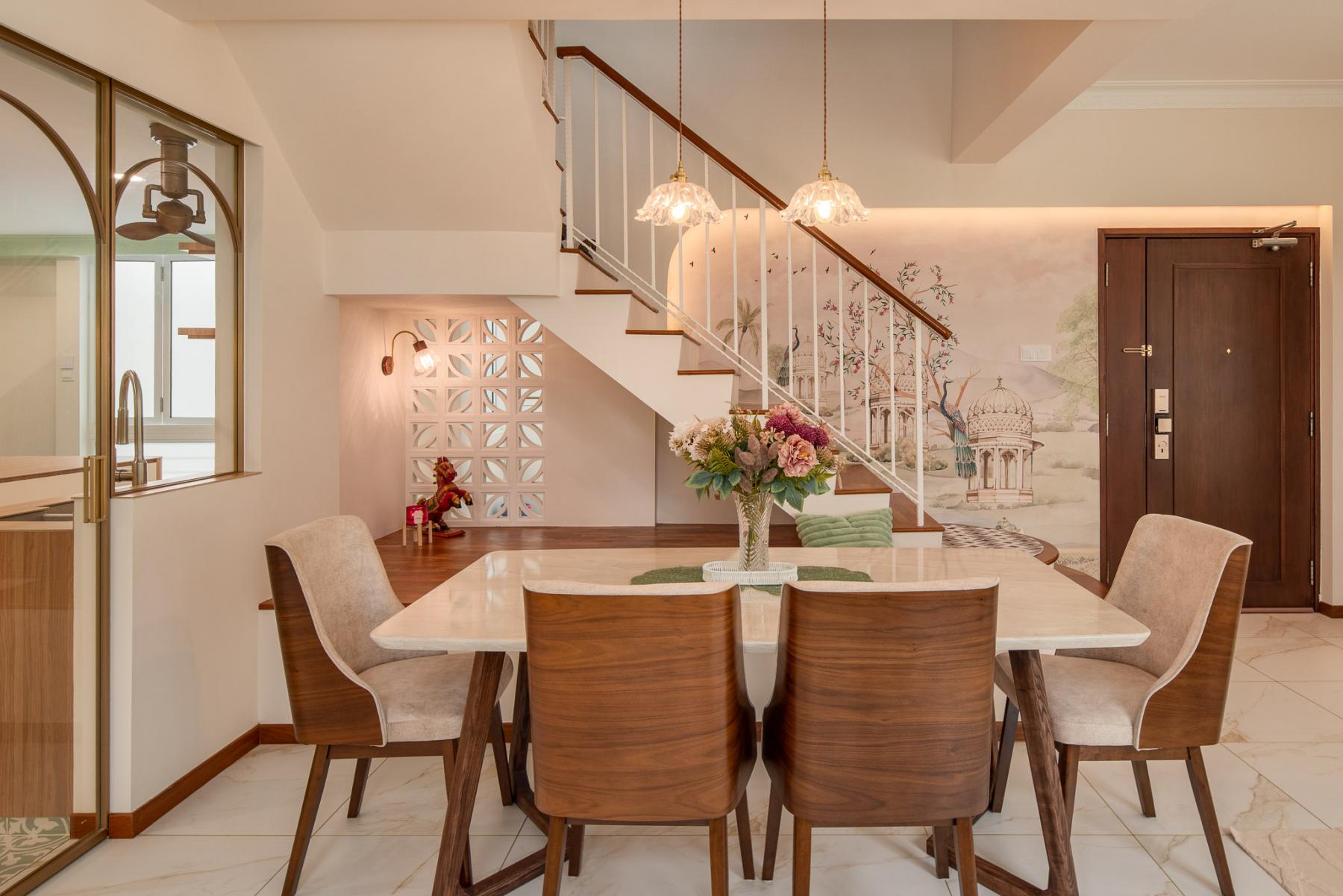 Eclectic Dining Room with Drop Light and Dining Table