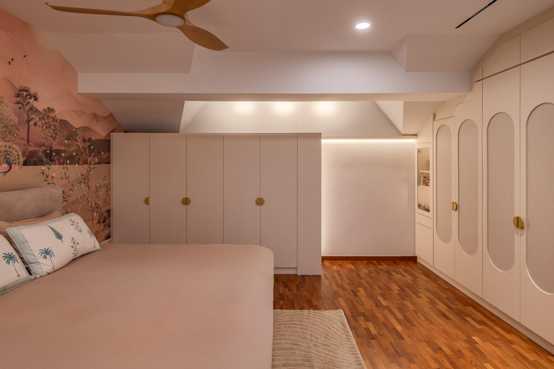 Eclectic Bedroom with Parquet Floor and Wardrobe