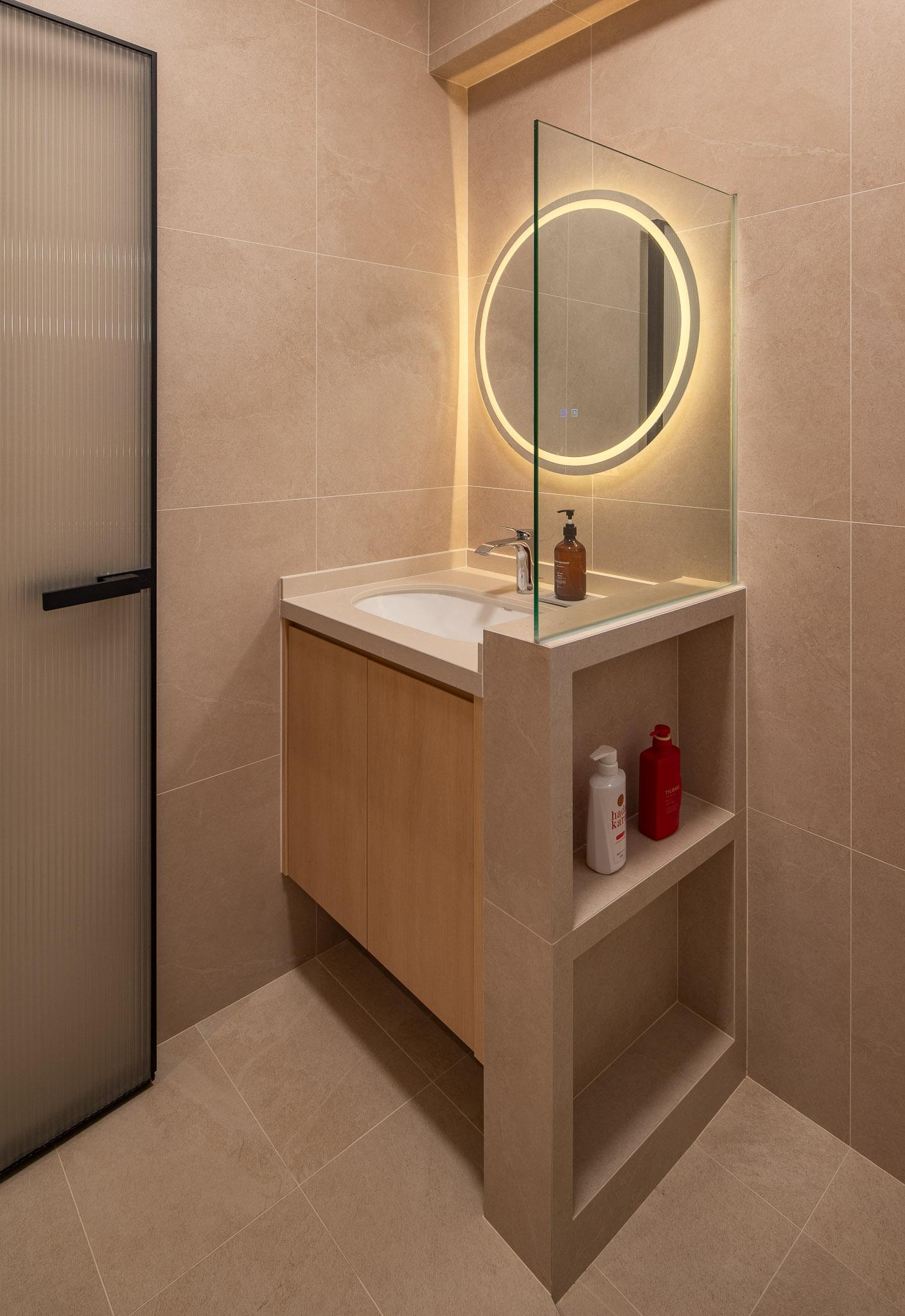 Scandinavian Bathroom with Countertop and Mirror