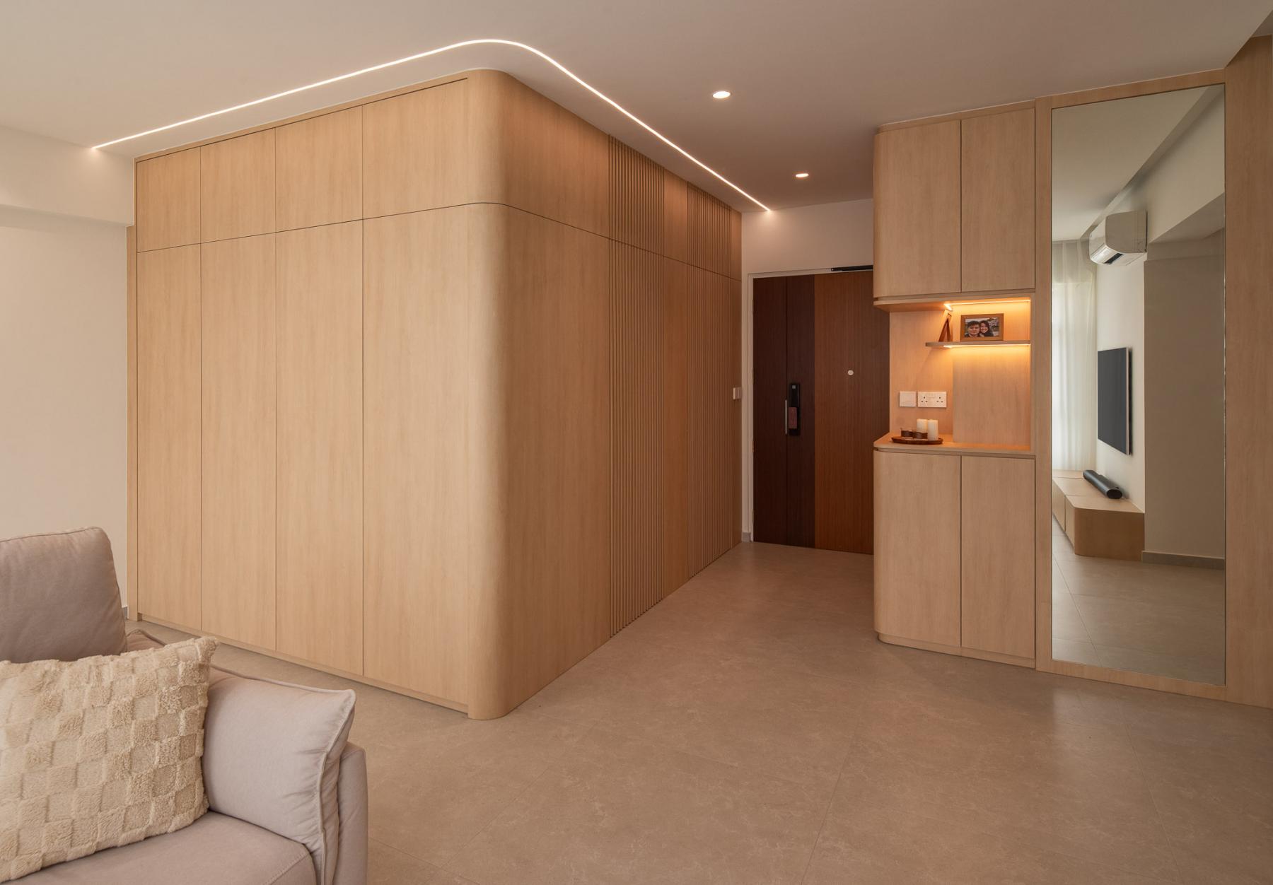 Scandinavian Foyer with Feature Wall and Storage Cabinets