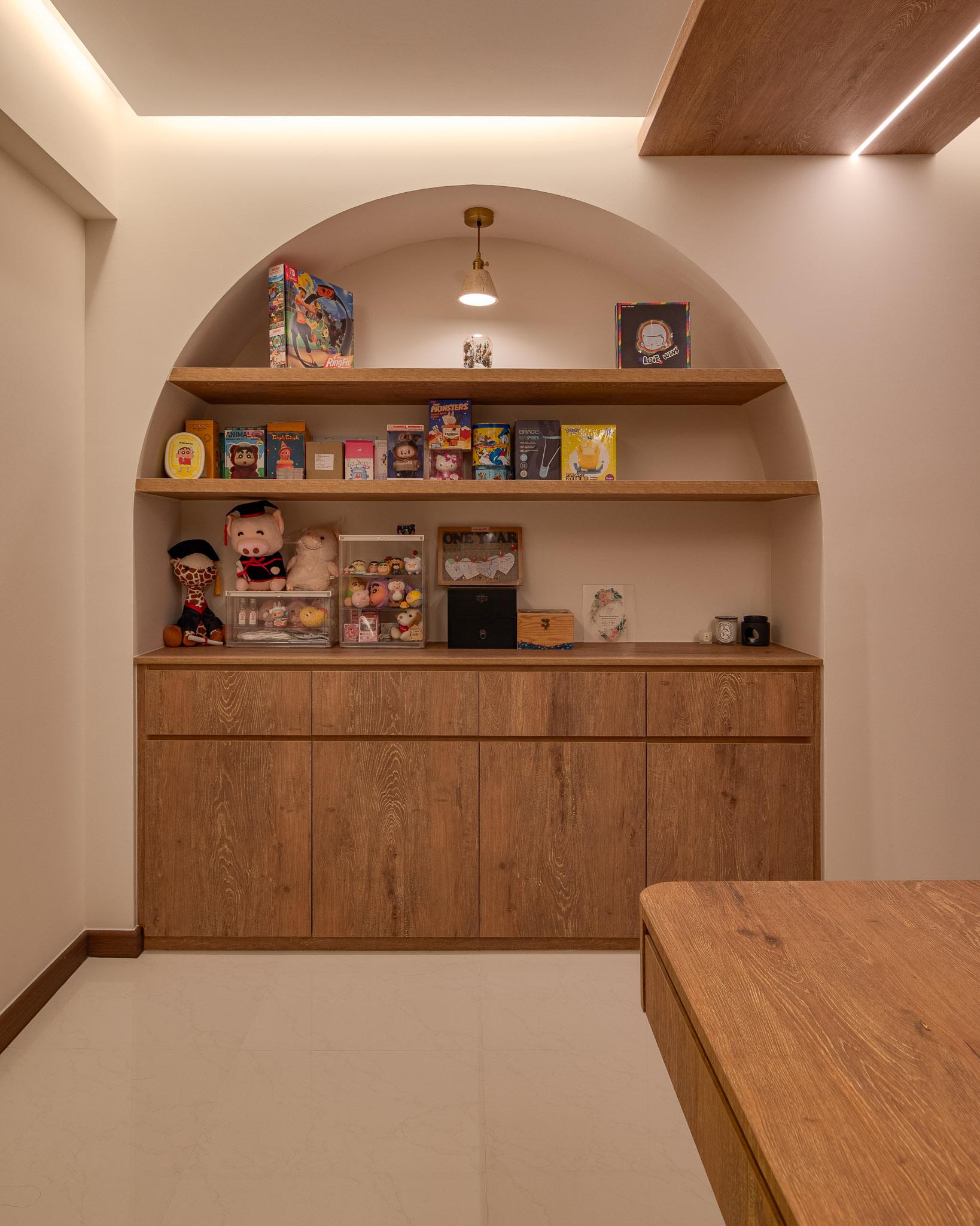 Contemporary Hallway with Bookshelf and Artwork