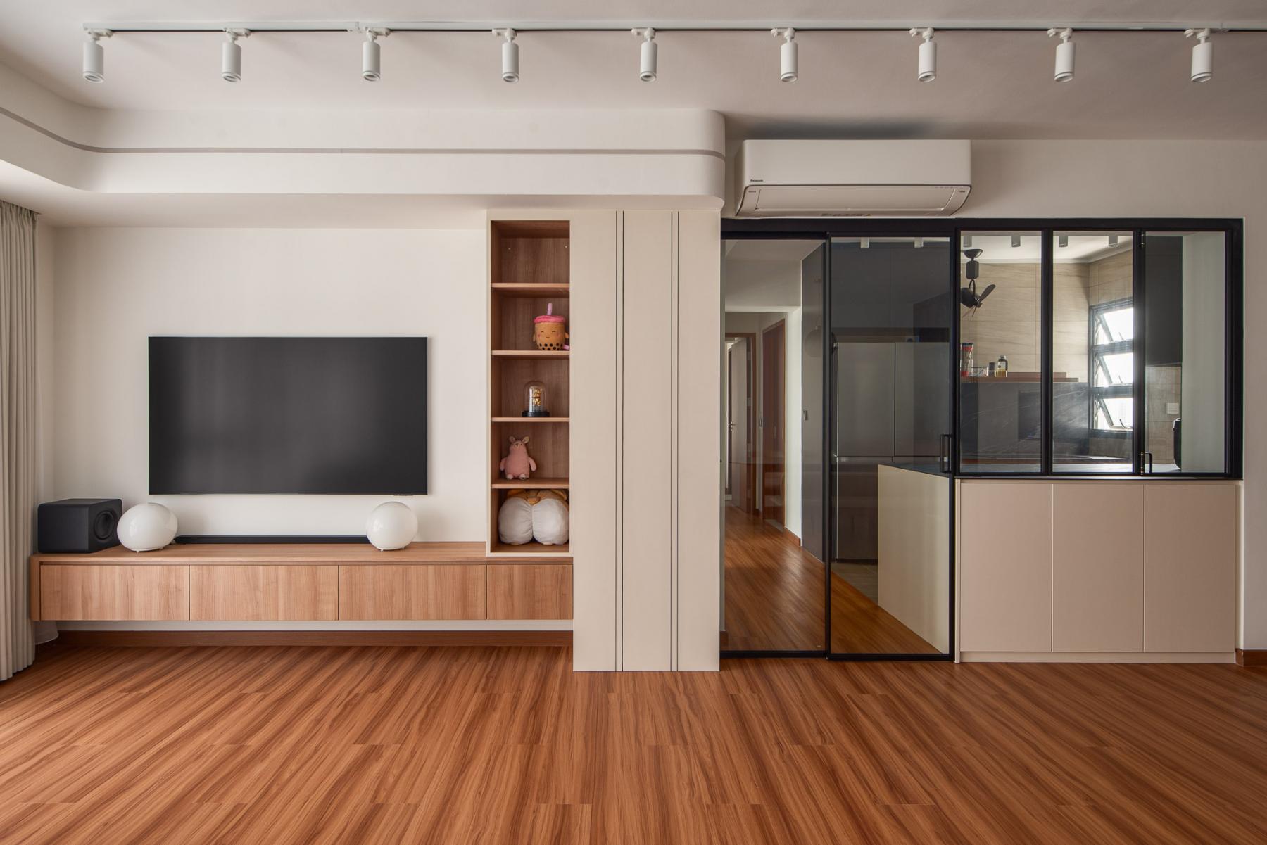 Scandinavian Living Room with Vinyl Flooring and TV Console