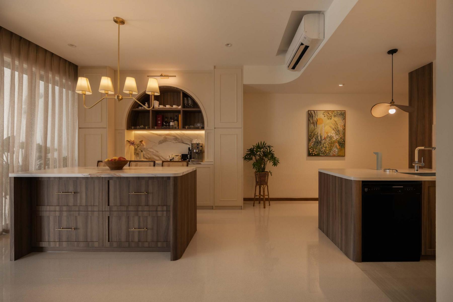 Contemporary Living Room with Feature Wall and Drop Light