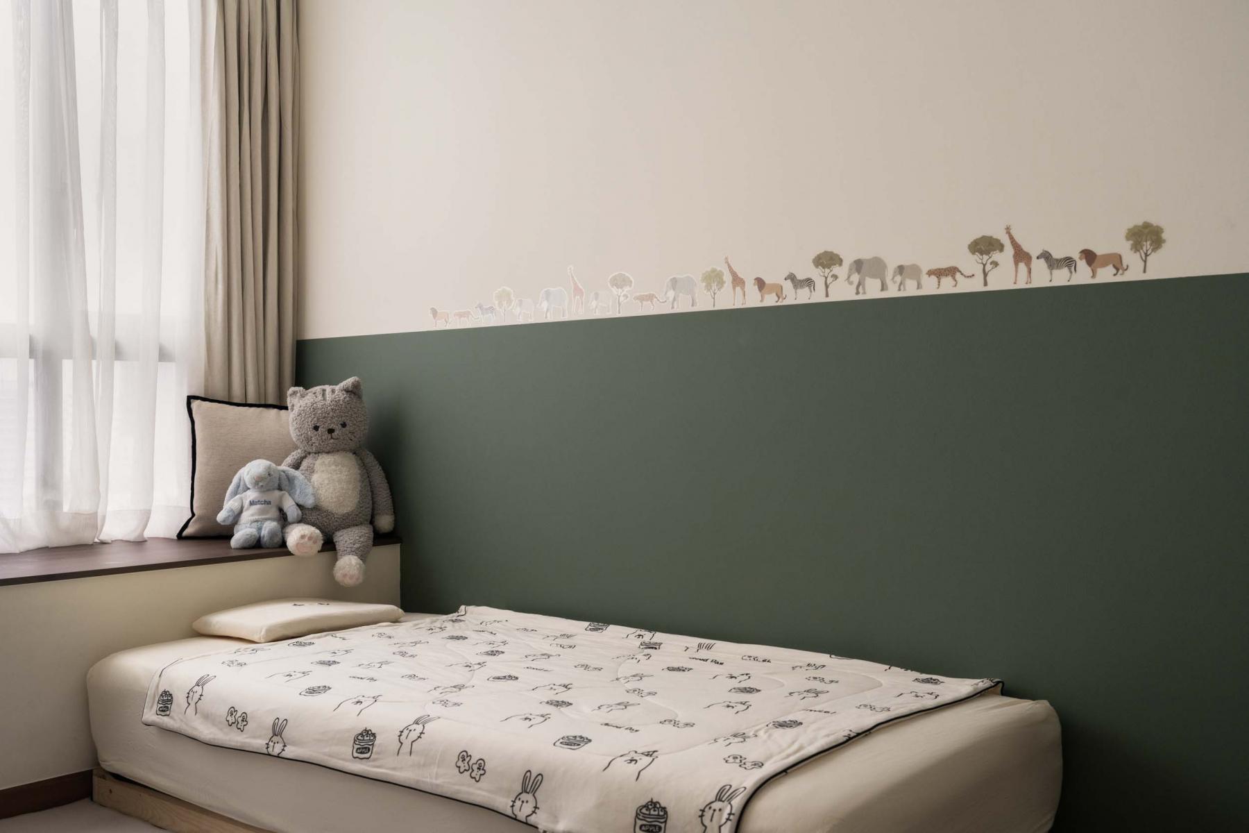 Contemporary Bedroom with Feature Wall and Bay Window