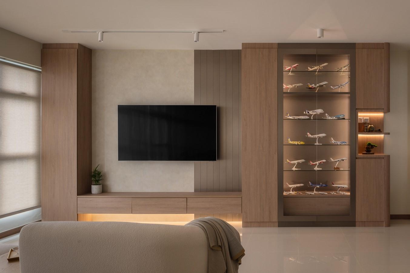 Contemporary Living Room with TV Console and Feature Wall