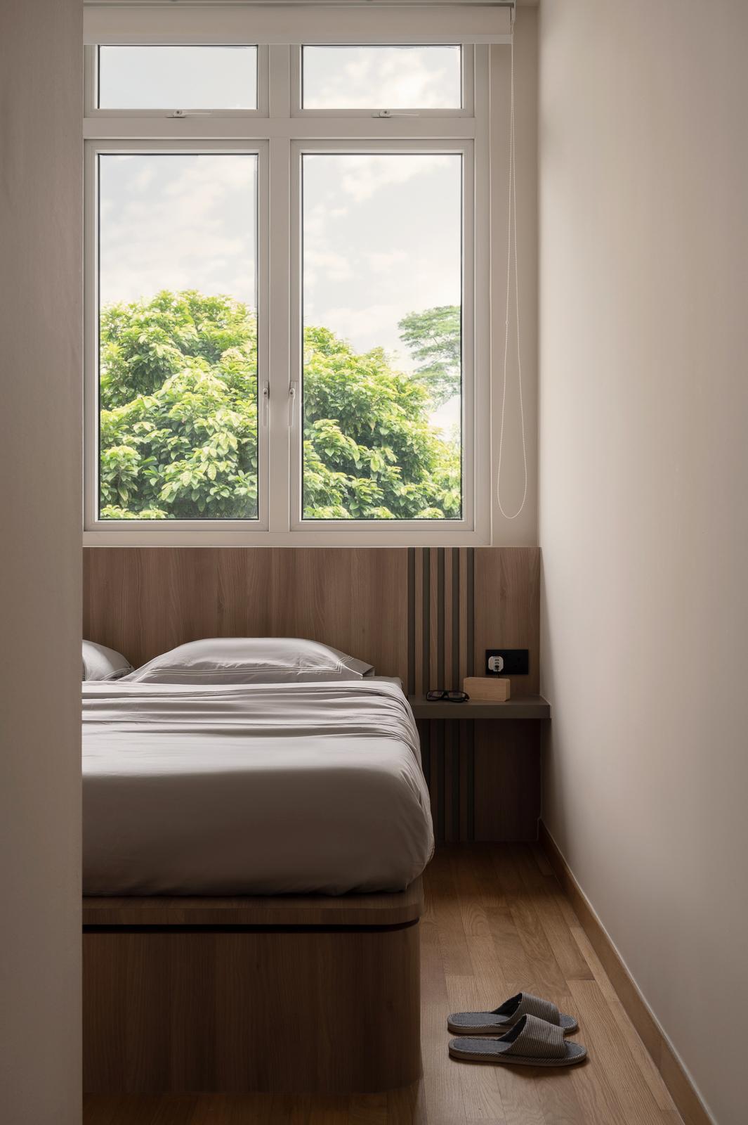 Asian Bedroom with Parquet Floor and Built-in Bed