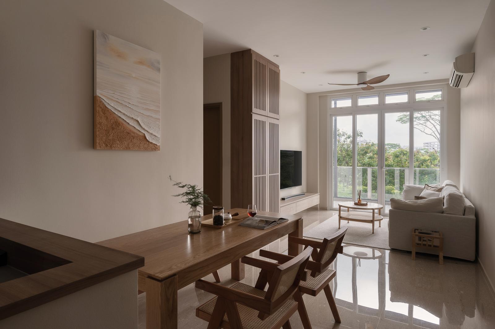 Asian Living Room with Marble Floor and TV Console