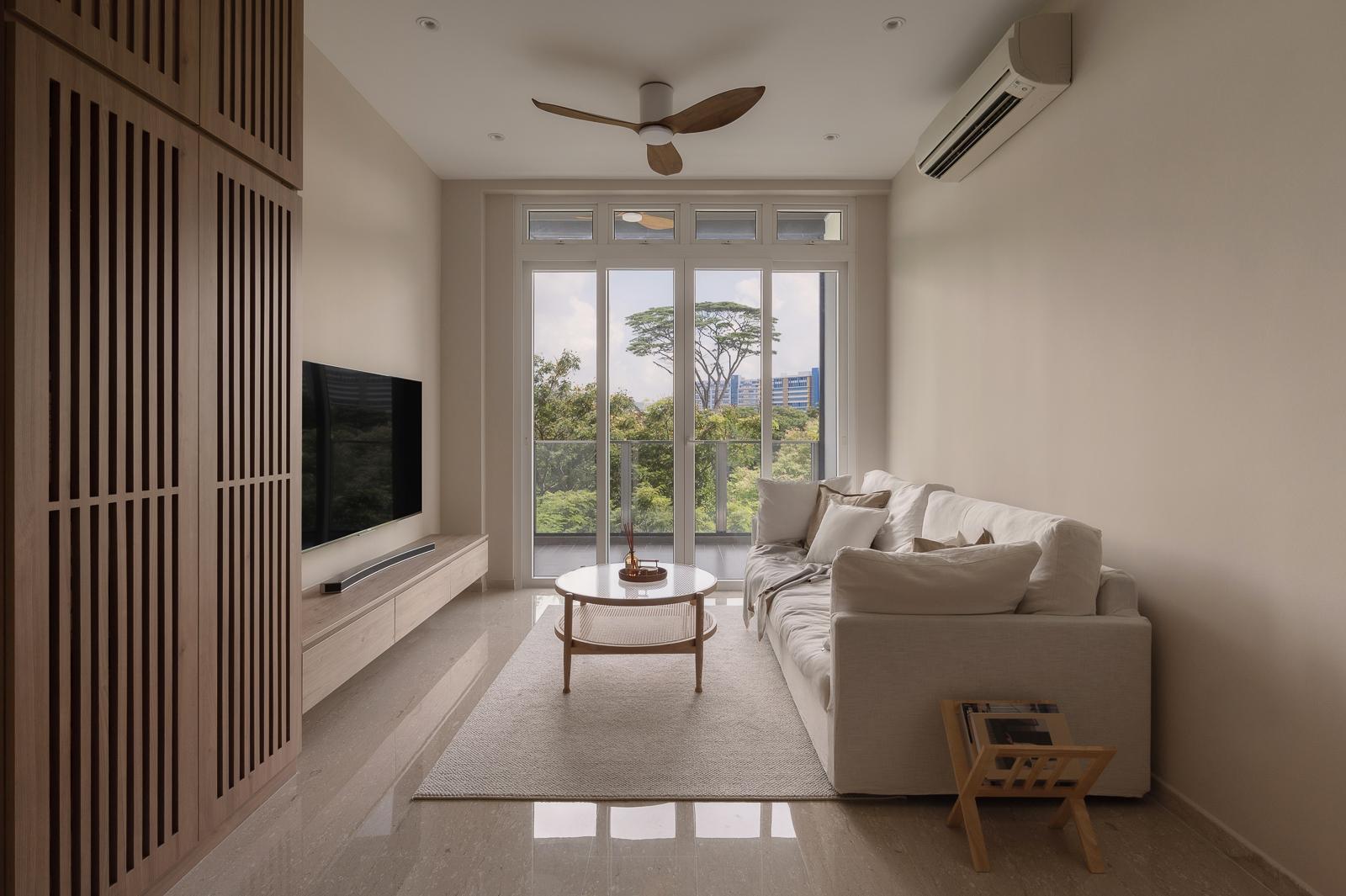 Asian Living Room with Marble Floor and TV Console