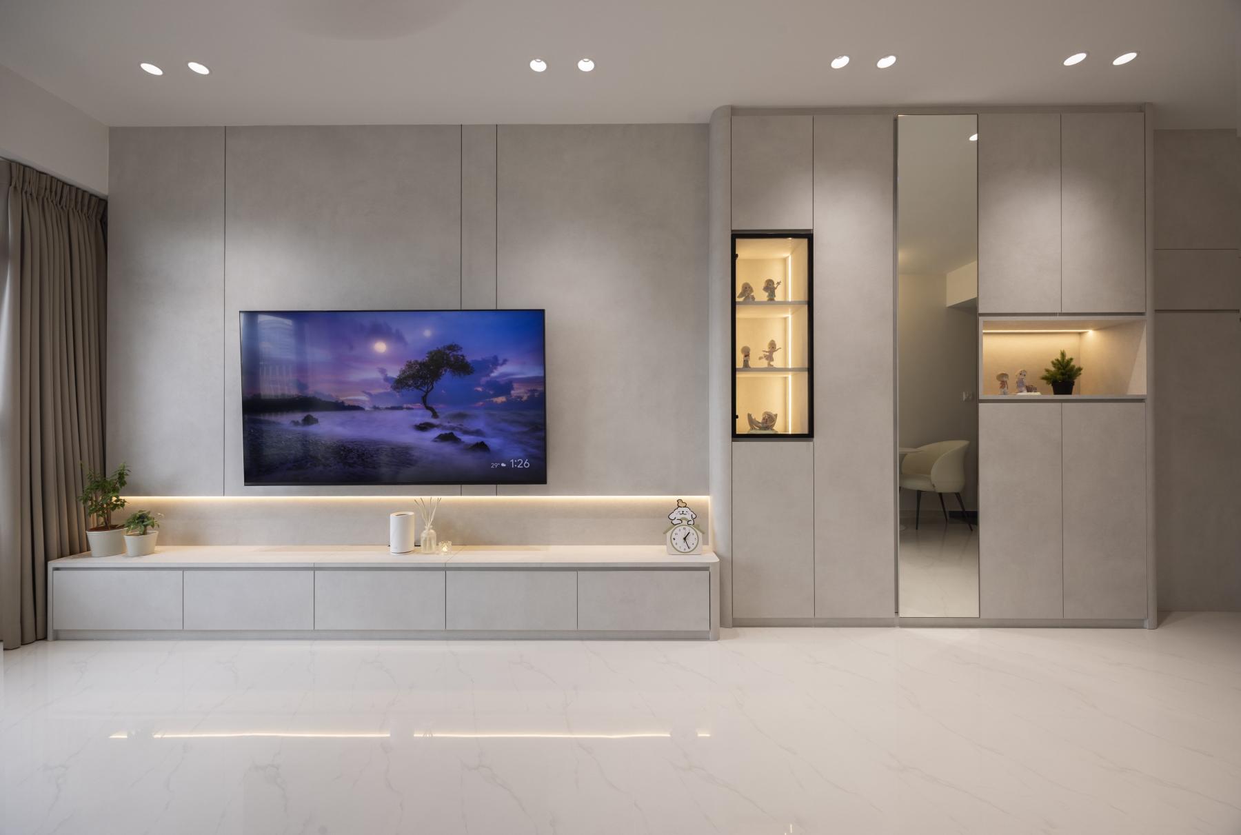 Contemporary Living Room with TV Console and Feature Wall