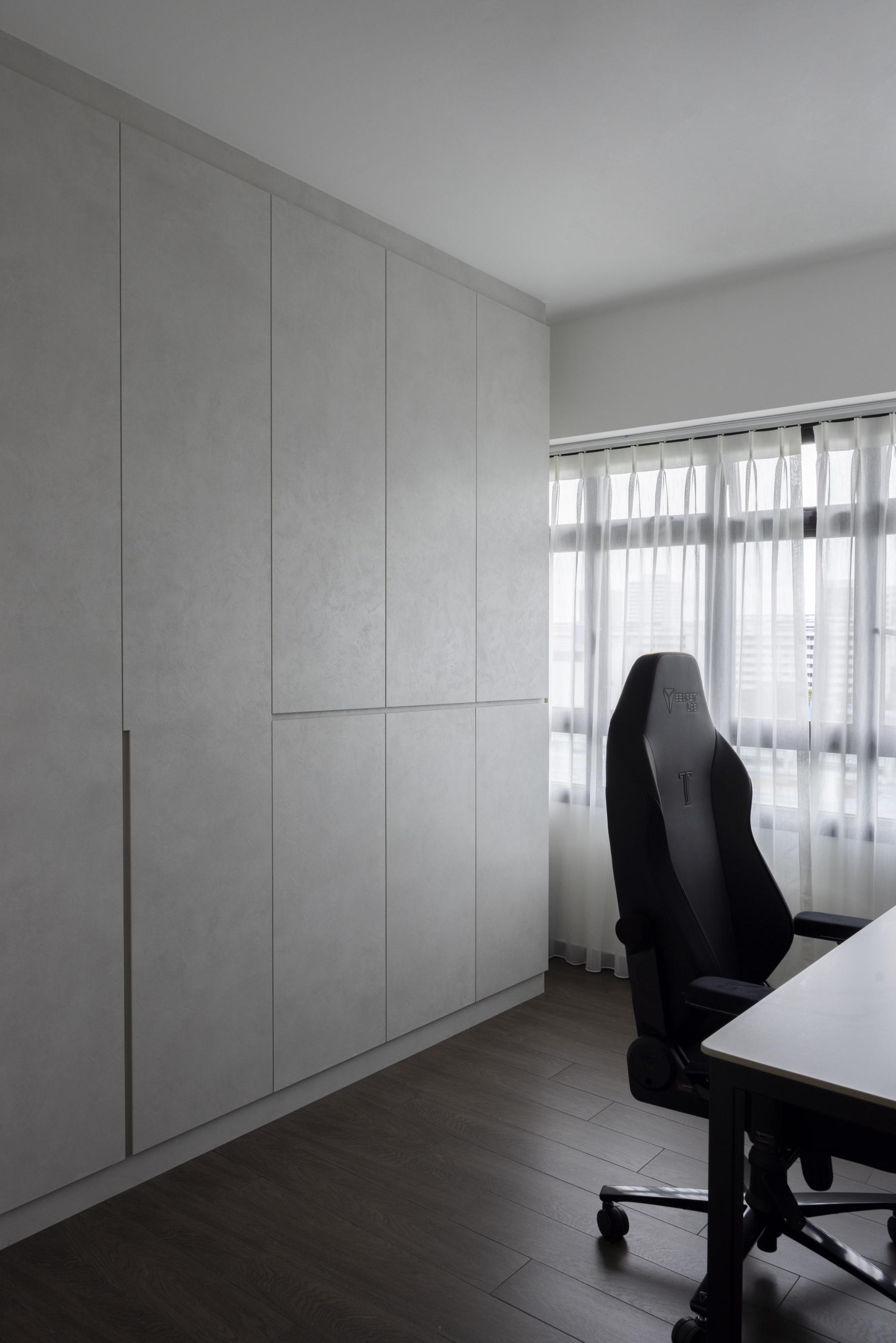 Contemporary Home Office with Drawer Units and Wall Shelves