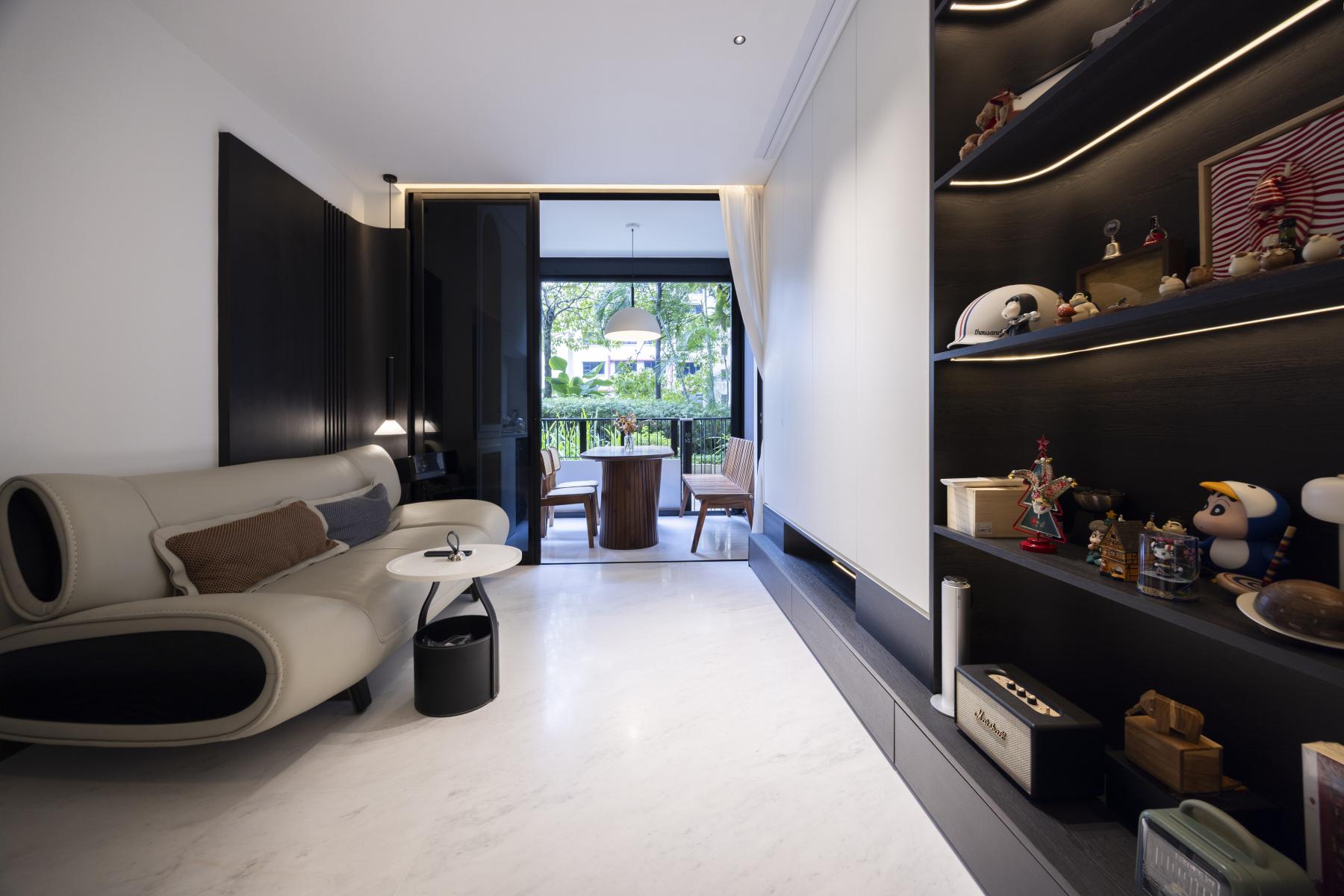 Contemporary Living Room with TV Console and Downlights