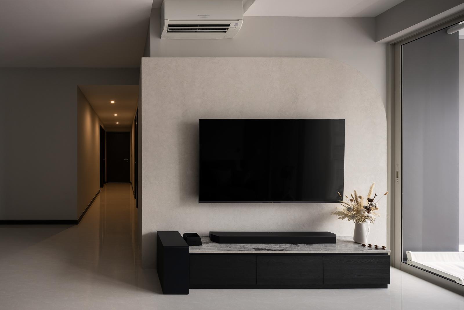 Contemporary Living Room with Homogeneous Tiles and TV Console