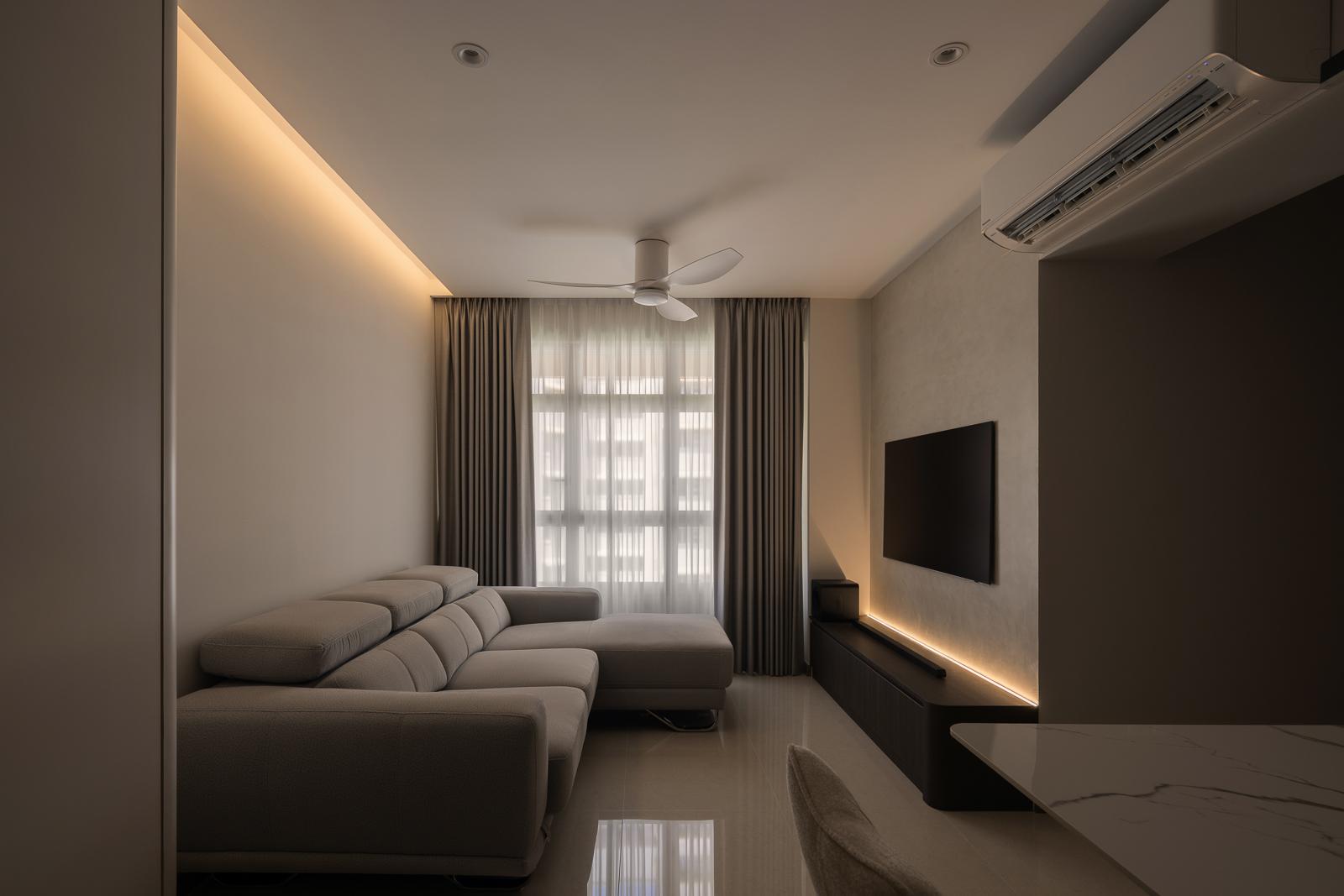 Contemporary Living Room with Homogeneous Tiles and TV Console