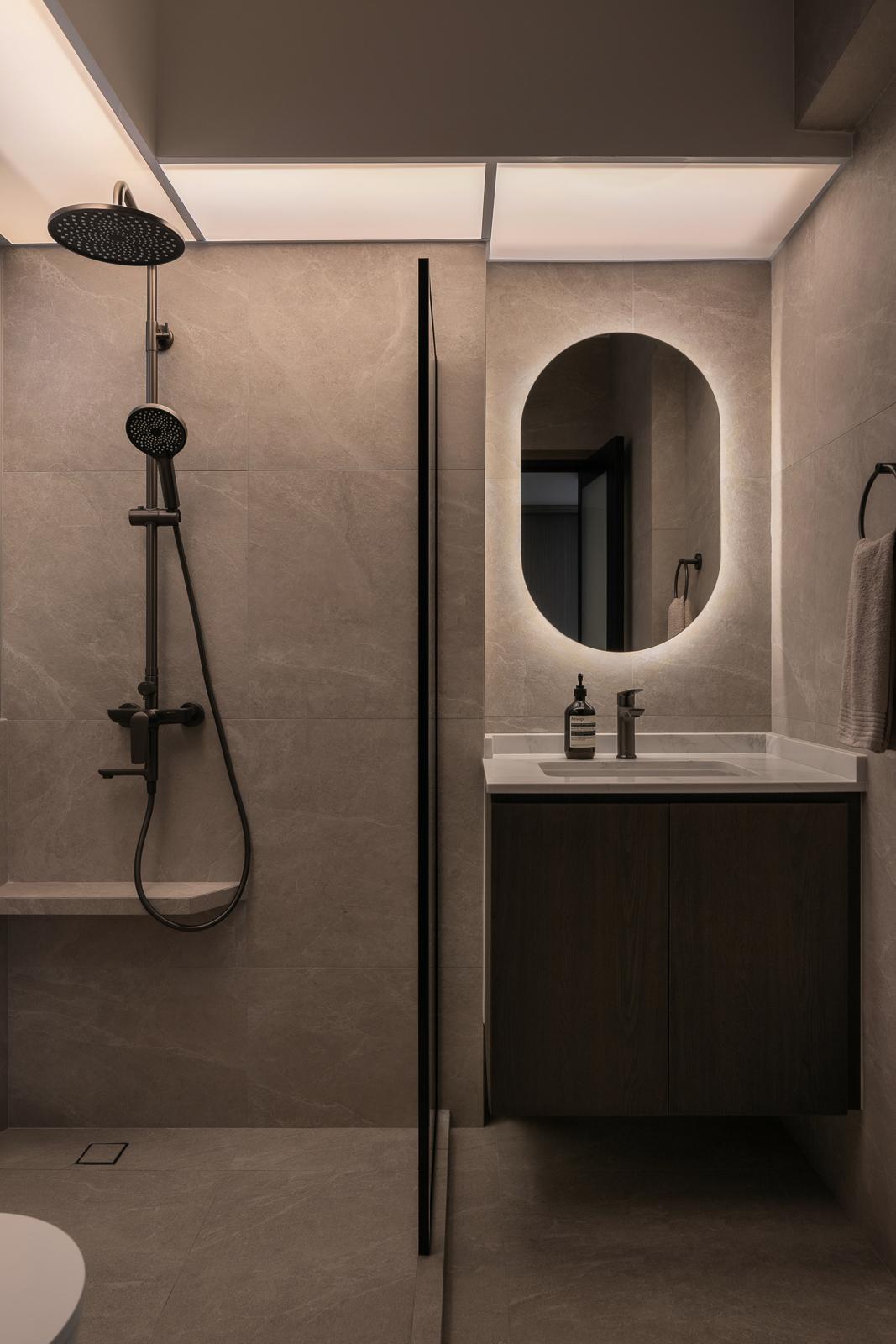 Contemporary Bathroom with Countertop and Homogeneous Tiles