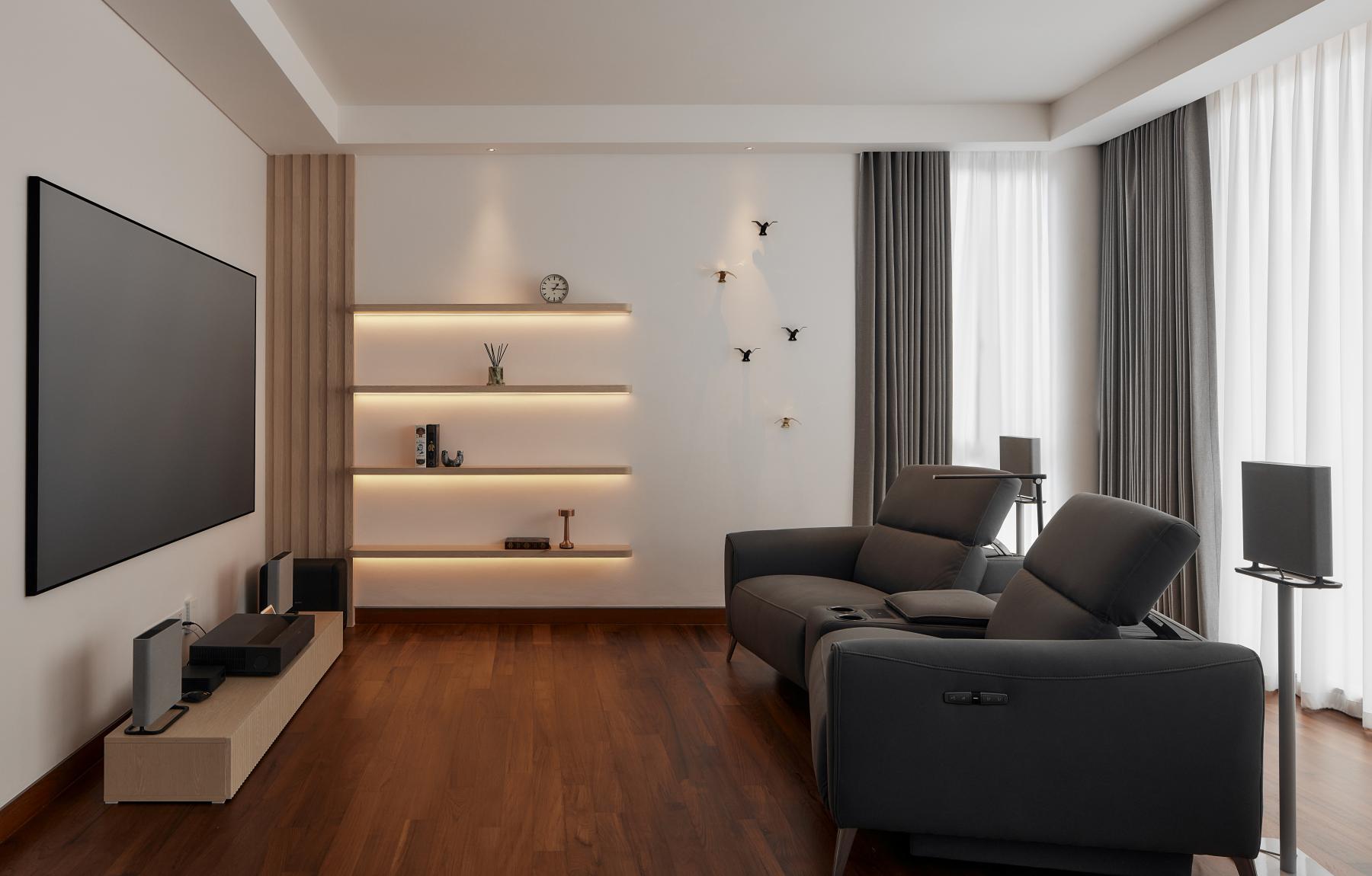 Modern Home Theatre with TV Console and Sofa