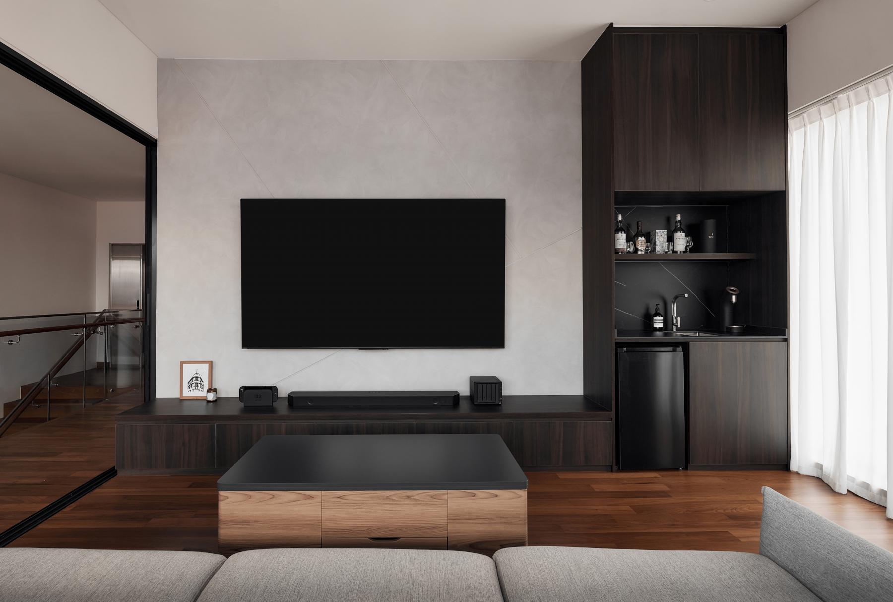 Modern Home Theatre with TV Console and Sofa