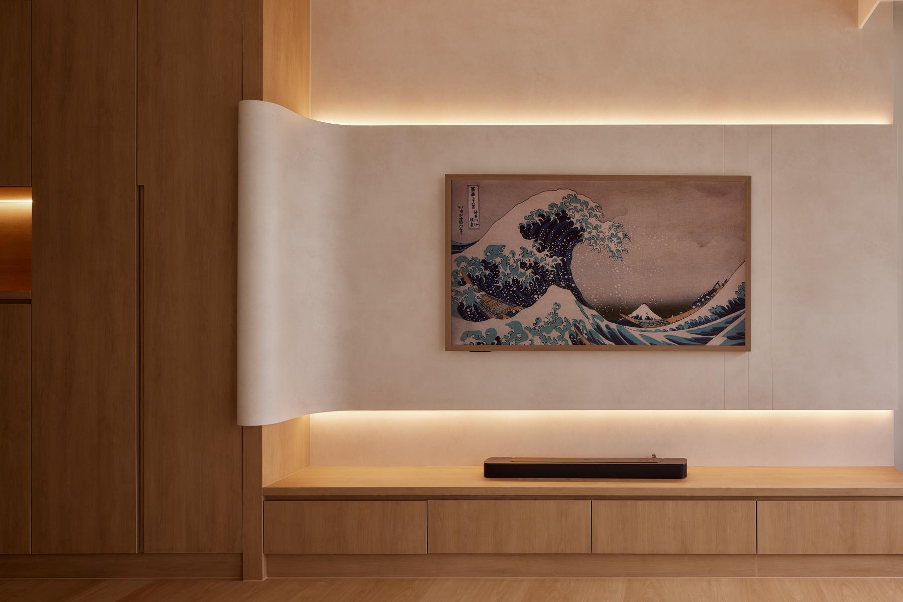 Asian Living Room with Wood Flooring and TV Console