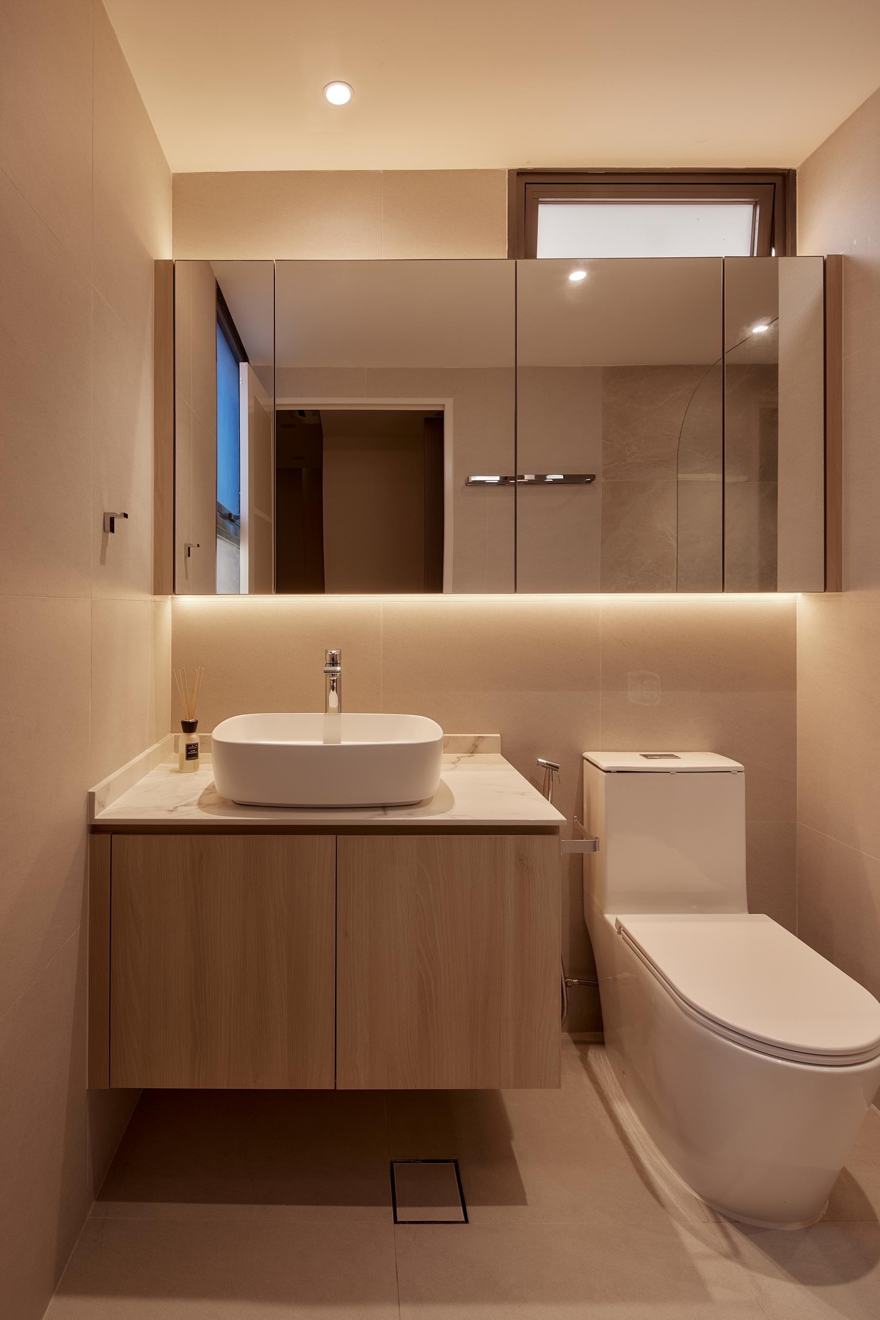 Asian Bathroom with Mirror and Bathroom Storage