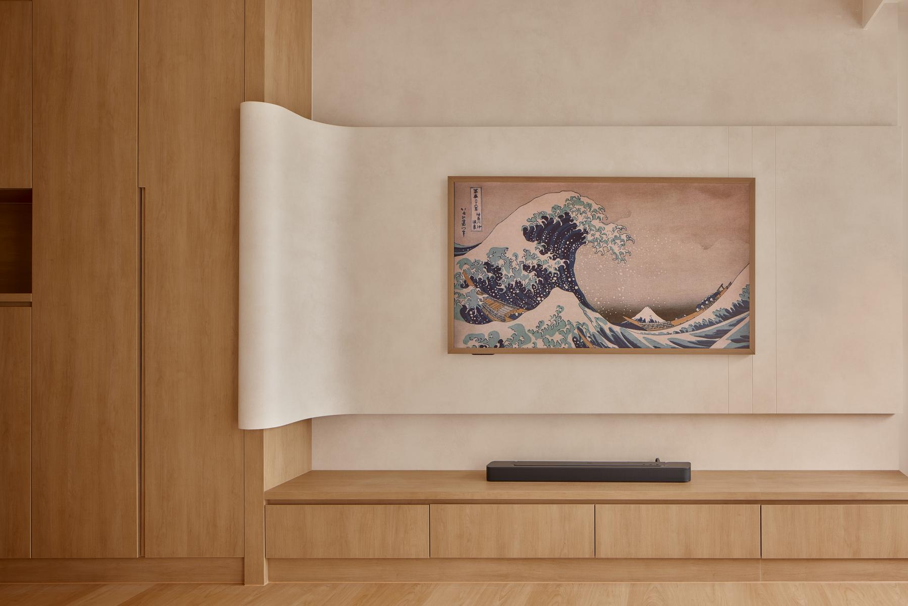 Asian Living Room with Wood Flooring and TV Console