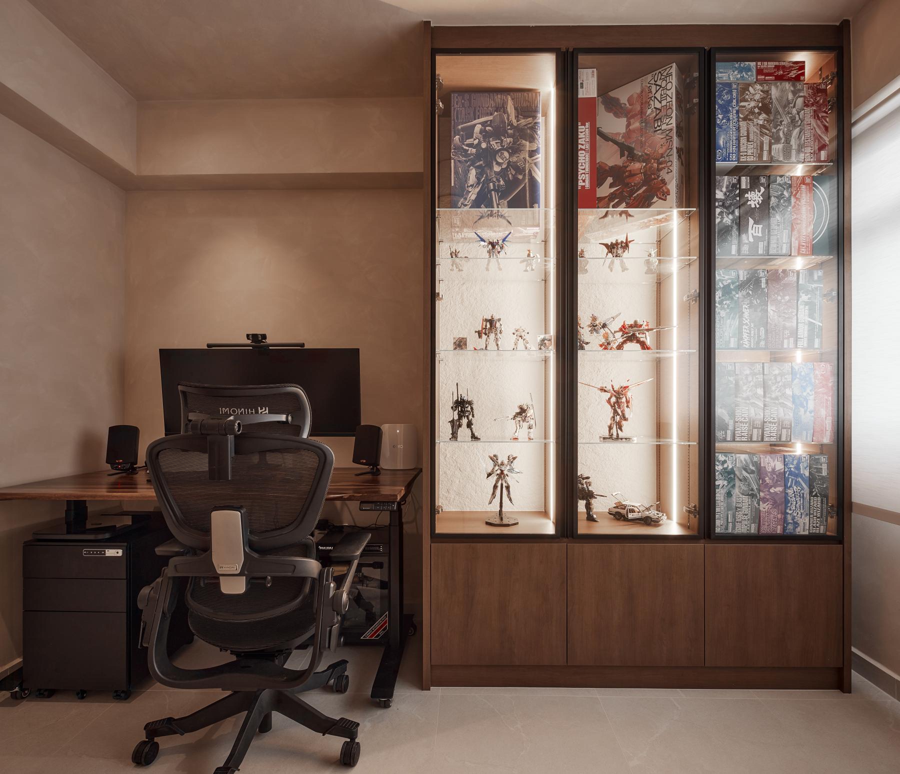Scandinavian Bedroom with Display Cabinets and Open Storage